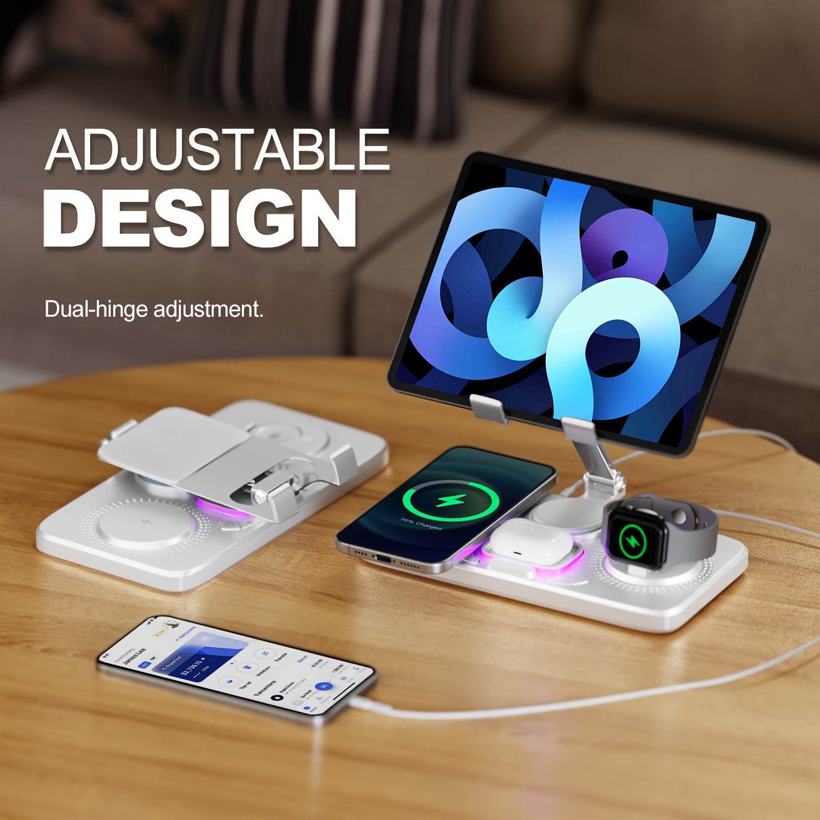 Wlpower 6-In-1 Wireless Charging Station for Multiple Devices with Clock Display And Atmosphere Light, 15W Max Fast Charging Dock with Tablet Stand, for Iphone 17/17 Air 16 15 14 13 12 Plus Pro Max, for Airpods And for Iwatch Series, Christmas Gifts