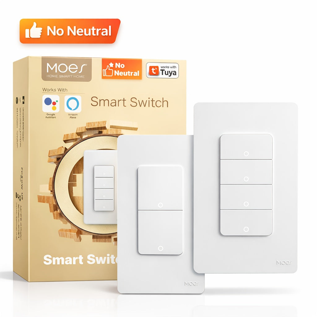 MOES 2 Packs 1/2/3/4 Gang WiFi Smart Light Switches, No Netural Wire No Hub Required, 2.4GHz Single Pole Switch, Compatible With Alexa Google Assistant