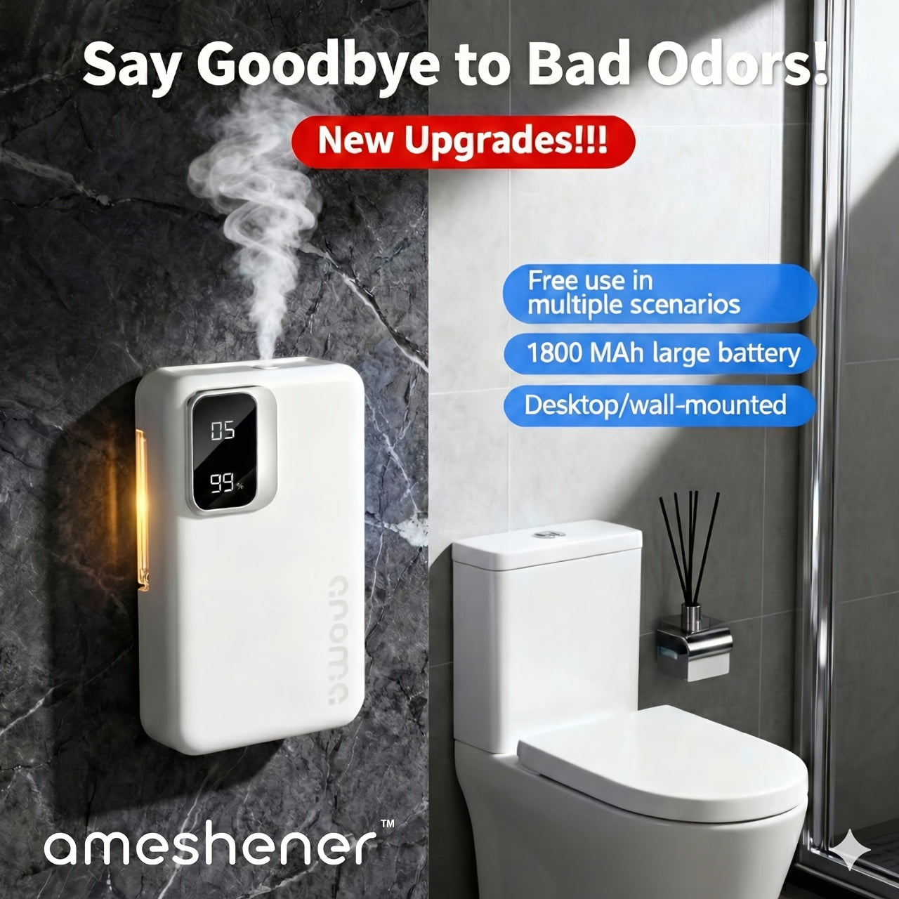 Essential Oil Refill Pack Sold Separately. 1800mAh Ultrasonic Aroma Diffuser With 7-level Control. Fine Mist Diffusion To Quickly Eliminate Hotness In The Bedroom, Bathroom, Toilet Odors And Study Room Odors. Digital USB Charging. Ideal Choice For N