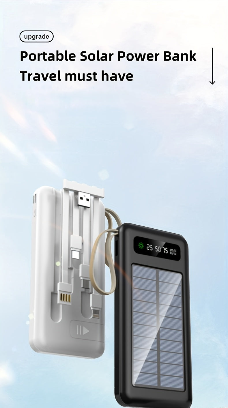 10000/20000/30000mAh 5W Slow Charging/15W Fast Charging Multifunctional Solar Power Bank With Ultra-bright LED Light, Large Capacity Rechargeable Portable Mobile Phone Charger Built-in 4 Cables Digital Display Dual Usb Port USB-C Input