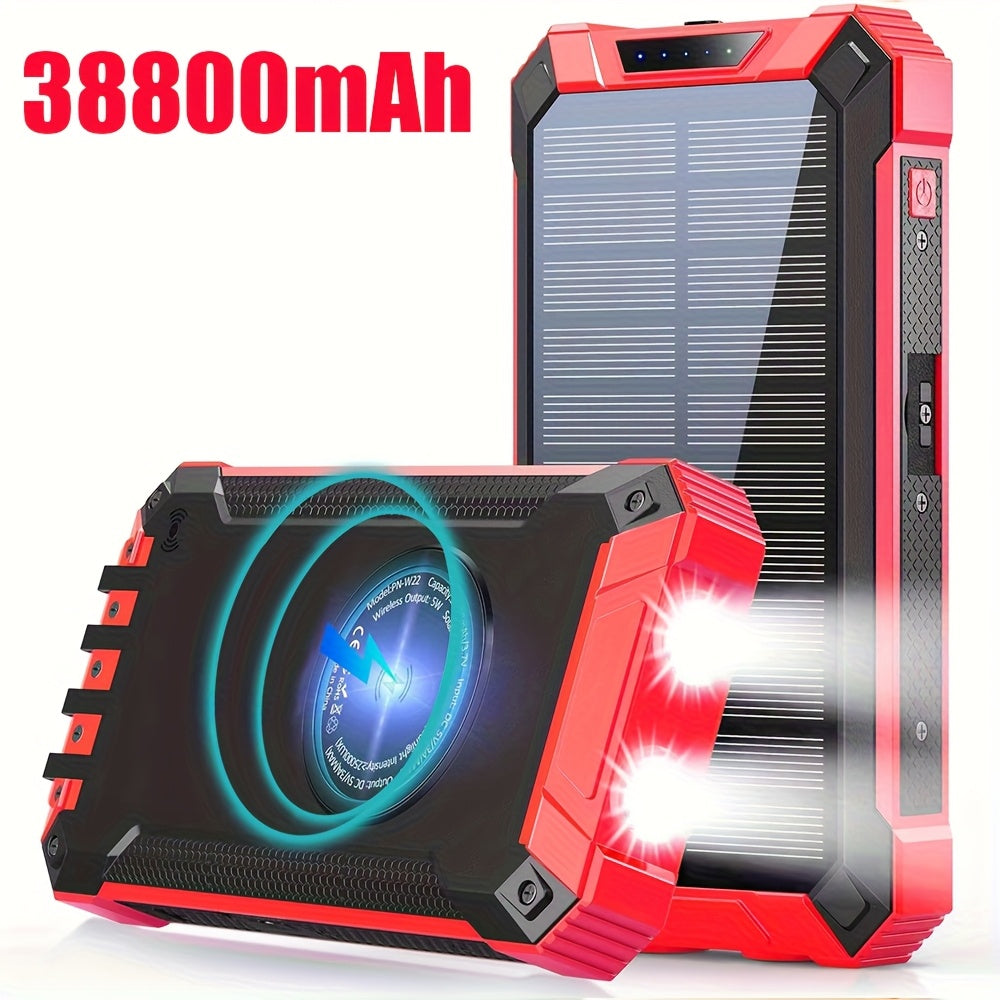 [Solar Power Bank] 32800/38800mAh Solar Power Bank Wireless Charger Built In 4 Cables 6 Outputs 15W Fast Charging Power Bank With Dual Flashlights -for Travel, And Camping External Backup Battery Pack, Emergency Backup For GPS, Flashlights, For IPhone 17/