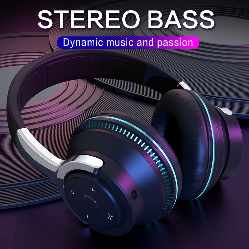 Wireless BT Over-Ear Headphones-Portable Headsets with 24 Hours Playtime, Built-in Mic for Clear Calls, FM Radio, Soft Earpads, LED Light, TF Card Support, And 3.5mm AUX Wired Connection-Foldable Design for Travel, Home, Office, And Mobile Devices.