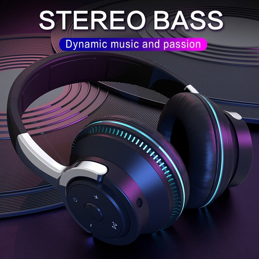 Wireless BT Over-Ear Headphones-Portable Headsets with 24 Hours Playtime, Built-in Mic for Clear Calls, FM Radio, Soft Earpads, LED Light, TF Card Support, And 3.5mm AUX Wired Connection-Foldable Design for Travel, Home, Office, And Mobile Devices.