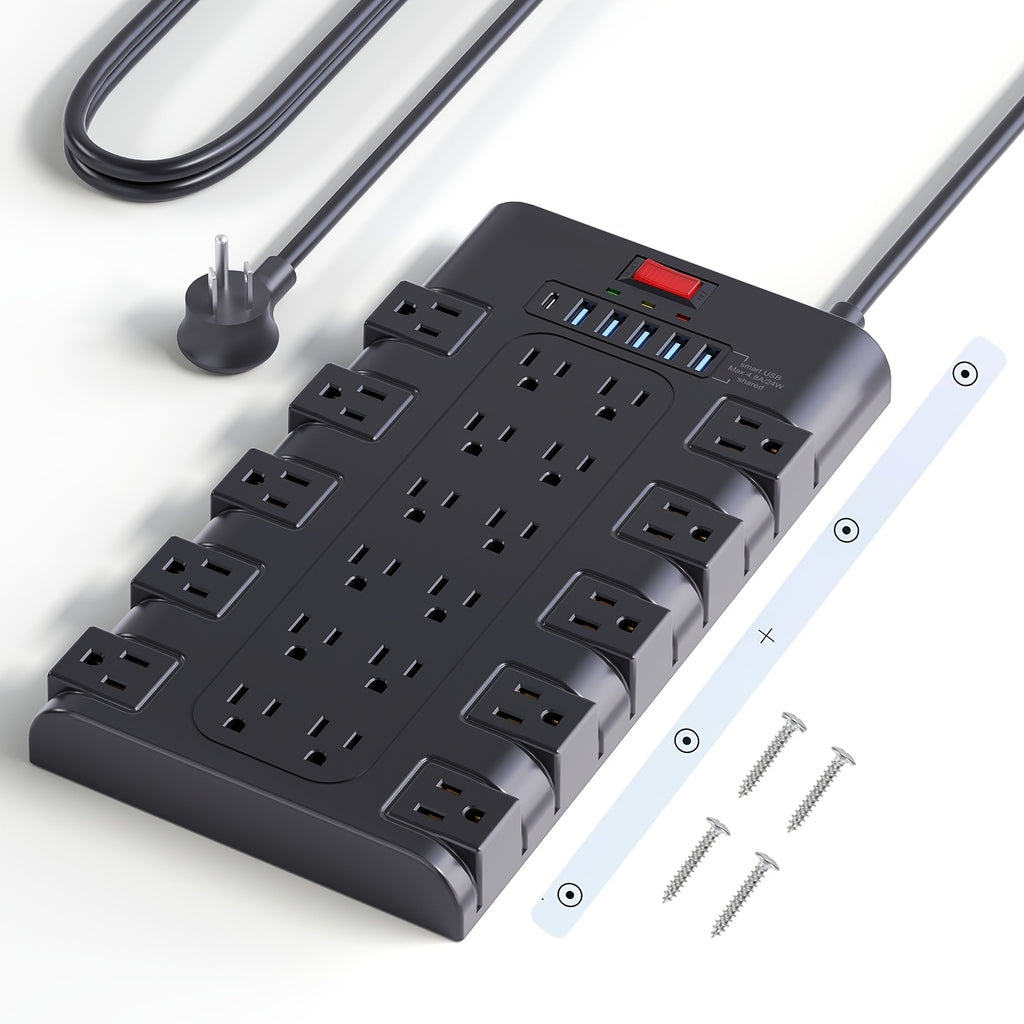 Extension Cord 5/7/13ft, Surge Protector Power Strip with 6 USB Charging Ports(24W/4.8A) And 22 AC Outlets(1875W/15A), 2100 Joules, Flat Plug Power Outlet, Wall Mount, Switch, Overload Protection for Home, Office, Dorm, Gaming Room, Black