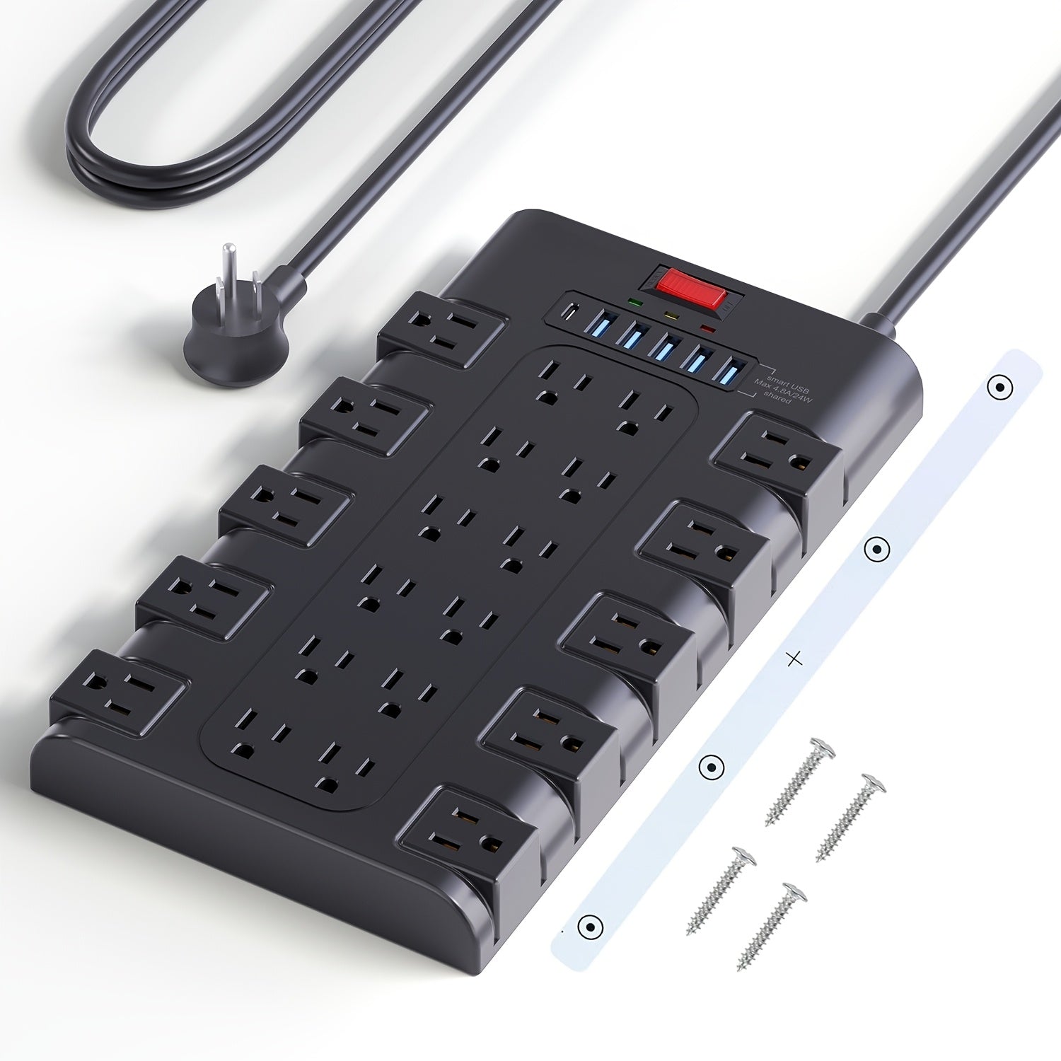 Extension Cord 5/7/13ft, Surge Protector Power Strip with 6 USB Charging Ports(24W/4.8A) And 22 AC Outlets(1875W/15A), 2100 Joules, Flat Plug Power Outlet, Wall Mount, Switch, Overload Protection for Home, Office, Dorm, Gaming Room, Black