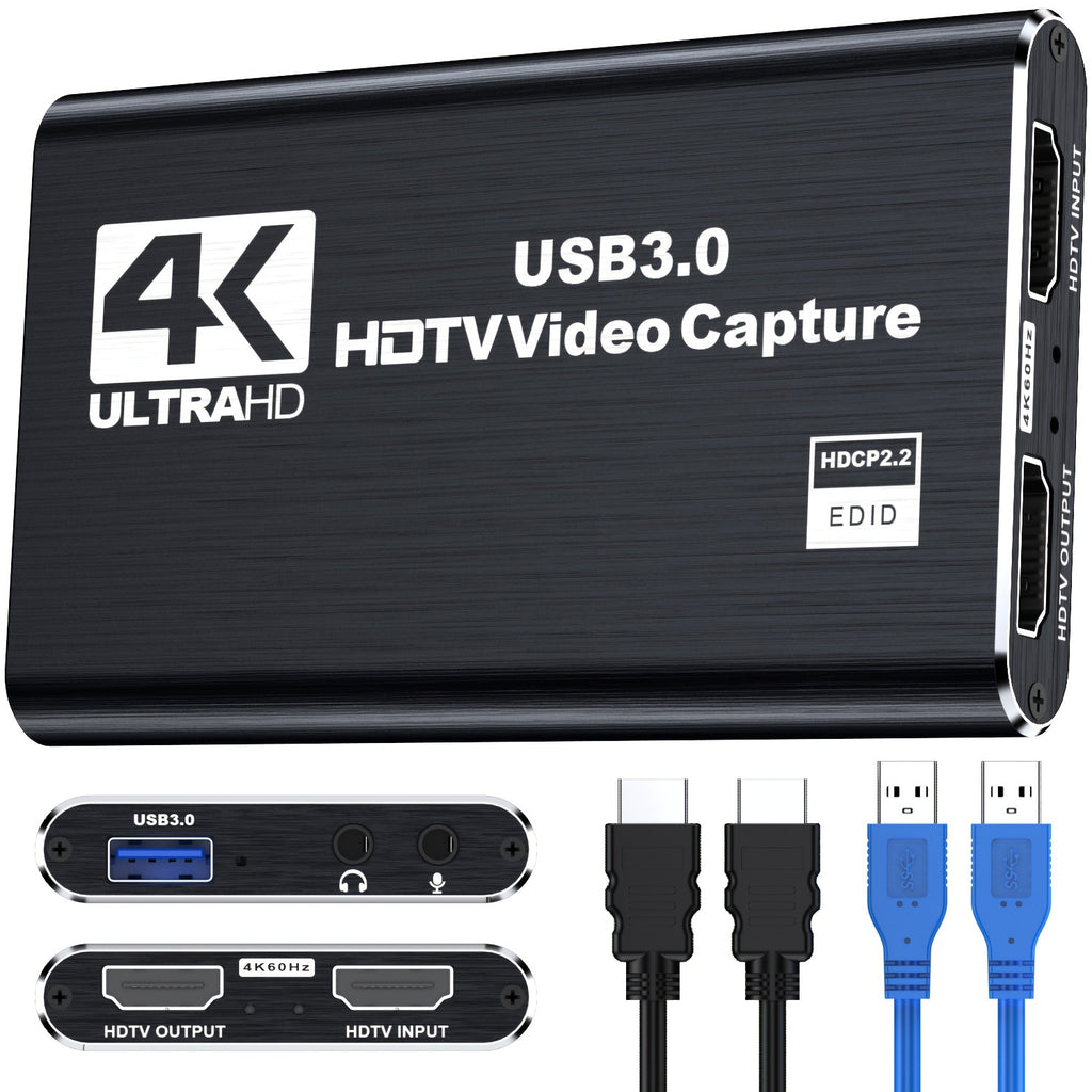 4K HDTV Capture Card for Streaming, Audio Video Capture Card with Microphone 4K HDTV Loop-Out, 1080P 60fps Video Recorder for Gaming/Live Streaming/Video Conference, Works for Nintendo Switch/PS4/OBS/Camera/PC