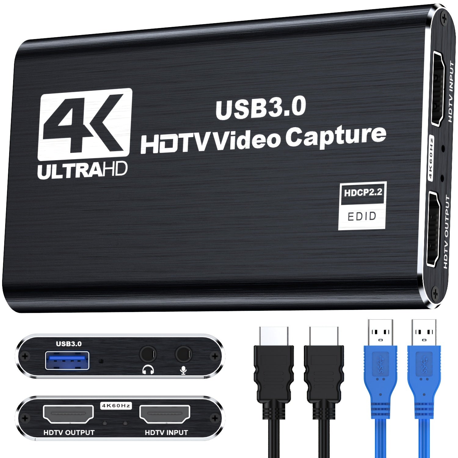 4K HDTV Capture Card for Streaming, Audio Video Capture Card with Microphone 4K HDTV Loop-Out, 1080P 60fps Video Recorder for Gaming/Live Streaming/Video Conference, Works for Nintendo Switch/PS4/OBS/Camera/PC