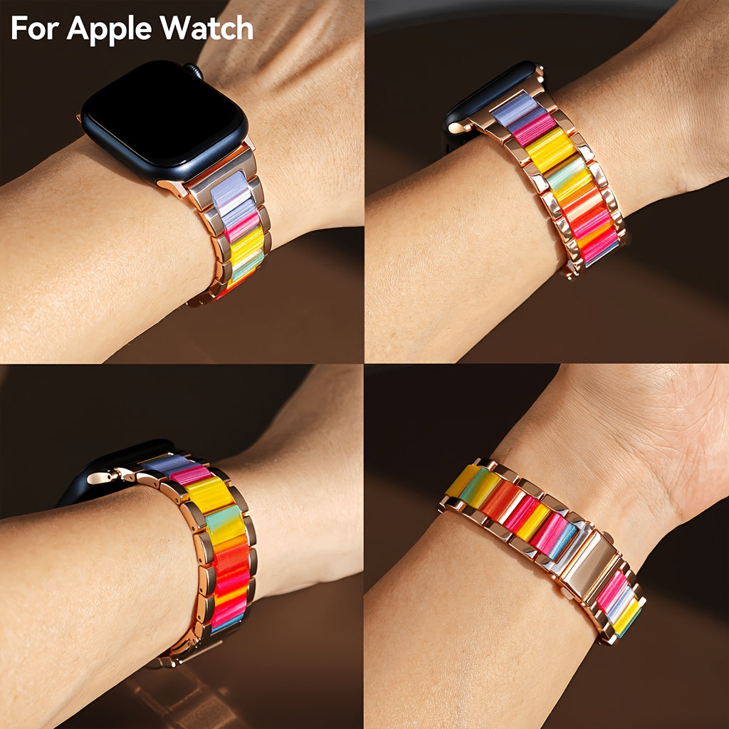 Compatible with for Apple Watch Band 42/44/45/46/49Mm Fashion Women'S Wristband, Stainless Steel Resin Metal Replacement Strap for Iwatch Series 11 10 9 8 7 6 5 4 3 Se/Ultra 3 2 1-Starlight Rainbow Suitable for Work Office Fitness Party