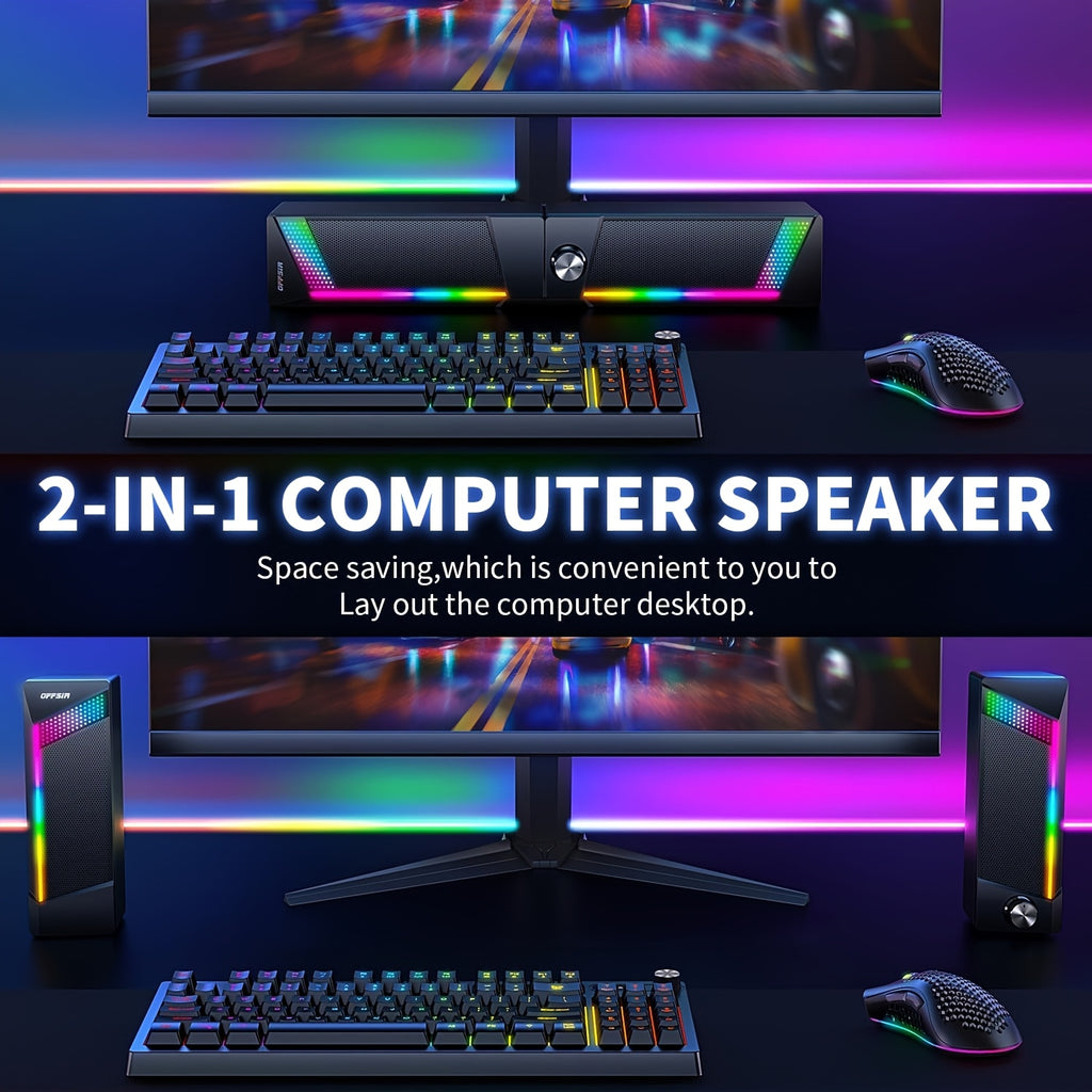 2 In 1 Computer Speakers, Wired PC Soundbar, Gaming Speakers For PC Computer Laptop Desktop, With Volume Control, Subwoofer, RGB Ambient Light, USB Powered Speaker With 3.5mm Aux (Only 2 Speakers Included, No Soundbar)