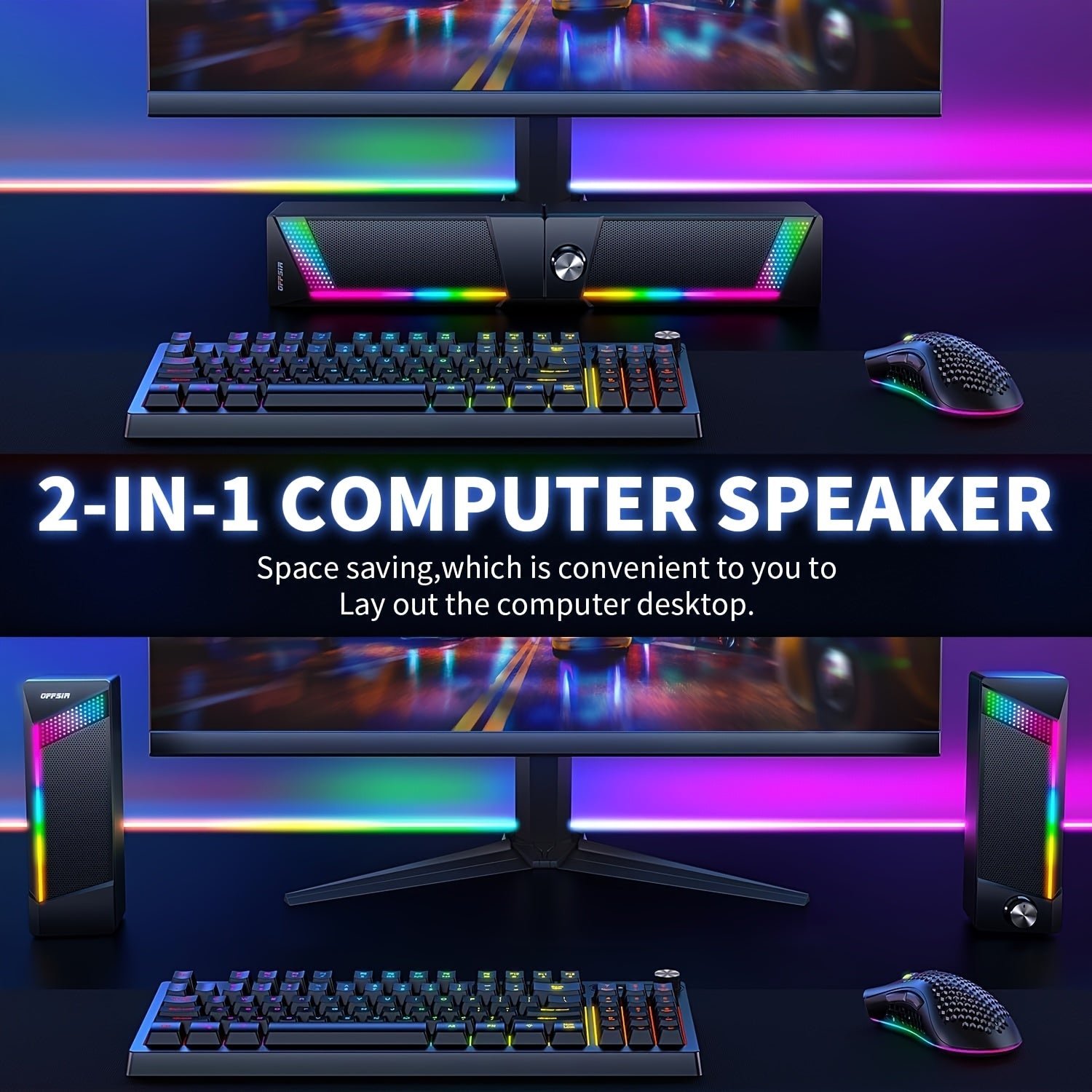 2 In 1 Computer Speakers, Wired PC Soundbar, Gaming Speakers For PC Computer Laptop Desktop, With Volume Control, Subwoofer, RGB Ambient Light, USB Powered Speaker With 3.5mm Aux (Only 2 Speakers Included, No Soundbar)