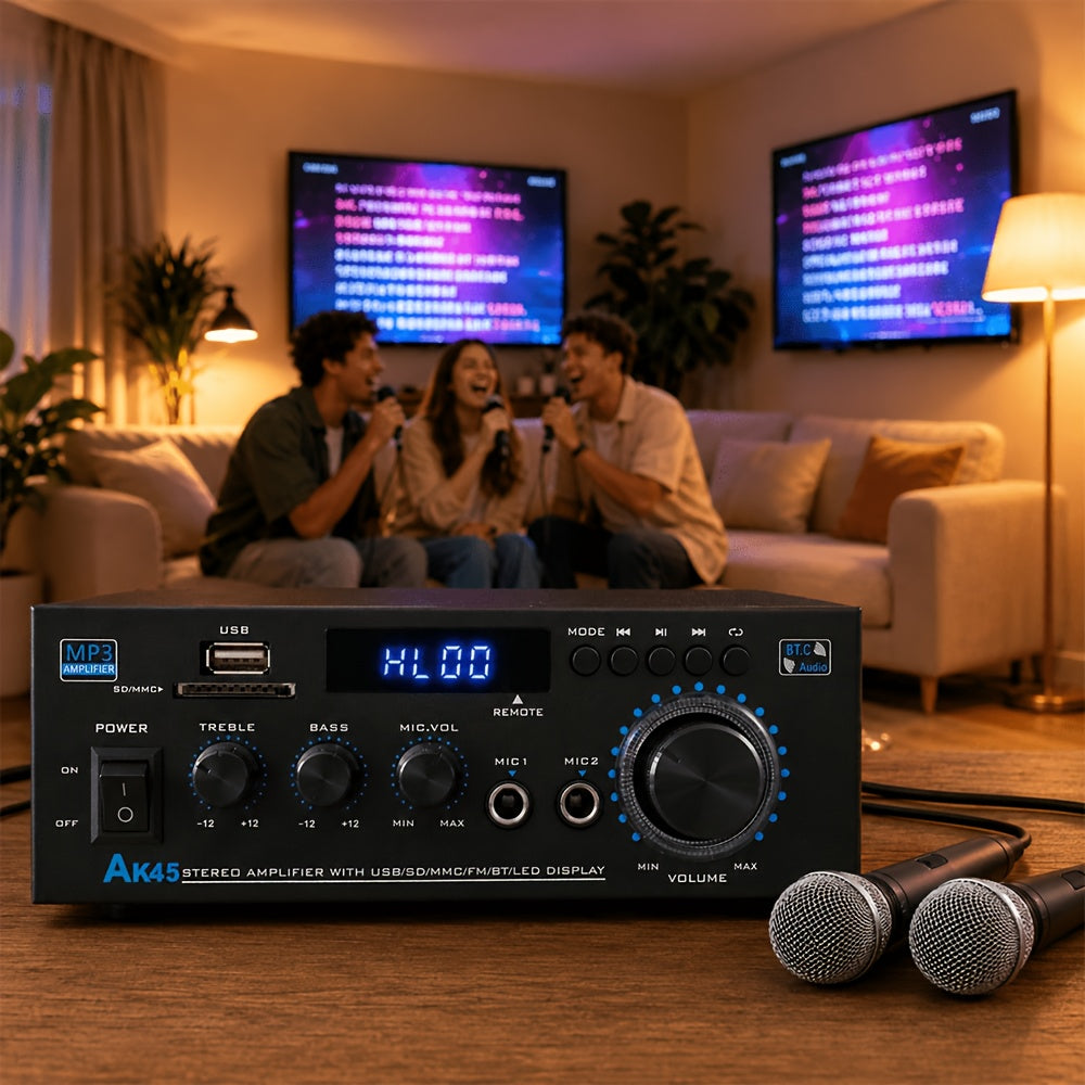 [Bluetooth 5.0 Amp] AK45 Bluetooth 5.0 Audio Receiver, 400W 2 Channel Power Amplifier System, Home Stereo Karaoke Amp With FM Radio, USB, MMC & SD Card Player, Support Passive Ceiling/Garage/Home Theater Speakers