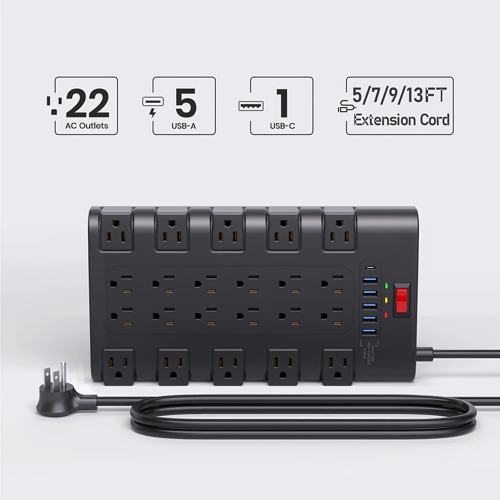 Extension Cord 5/7/13ft, Surge Protector Power Strip with 6 USB Charging Ports(24W/4.8A) And 22 AC Outlets(1875W/15A), 2100 Joules, Flat Plug Power Outlet, Wall Mount, Switch, Overload Protection for Home, Office, Dorm, Gaming Room, Black