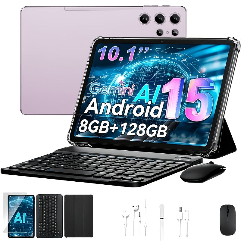 [Android 15 Tablet] 10.1-Inch Android 15 Tablet, 8GB RAM + 128GB ROM, WiFi, 1280 X 800 HD Display, 8000mAh Battery, Dual Cameras 5MP +16MP, Stereo Speakers, Includes Keyboard, Case, Mouse, Stylus, USB Cable, Productivity Tablet, Stylish Design, Durable Co