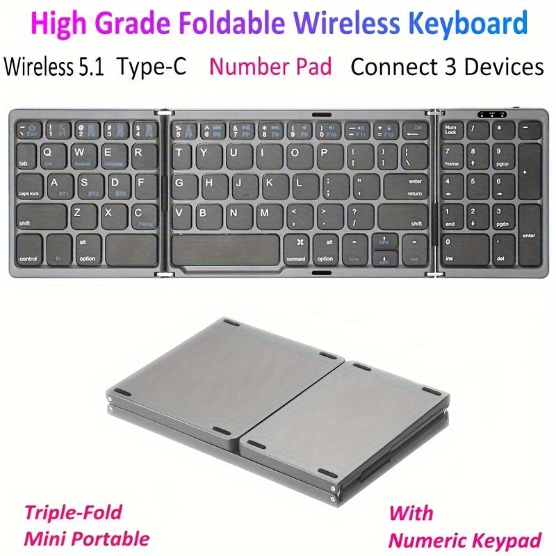 1pc Foldable Wireless Keyboard with Numeric Keypad, USB Rechargeable Lithium Polymer Battery, Type-C Charging, Compatible with Windows, for Android, iOS Devices - Portable  Keyboard