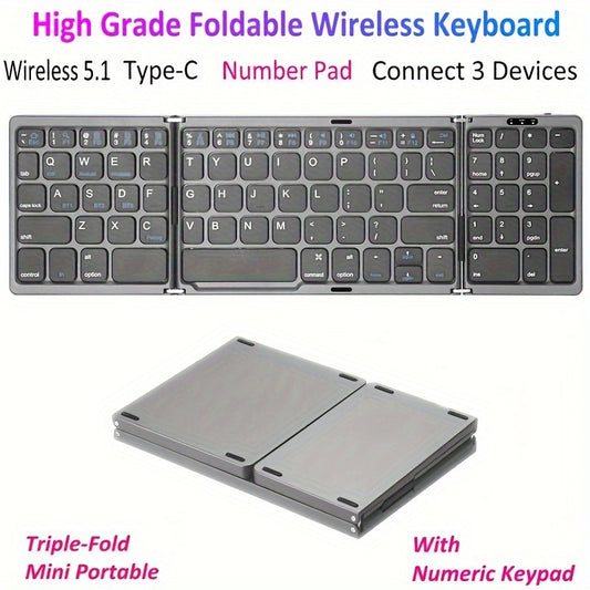 1pc Foldable Wireless Keyboard with Numeric Keypad, USB Rechargeable Lithium Polymer Battery, Type-C Charging, Compatible with Windows, for Android, iOS Devices - Portable  Keyboard