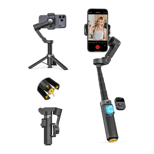 [Gimbal Stabilizer] AOCHUAN Foldable Portable Gimbal: 3-axis Stabilization, 360-degree Rotation, AI Automatic Face Tracking, Built-in Extendable Pole, Magnetic Wireless Remote Control With Panoramic Gesture Control Ideal For Vlogging