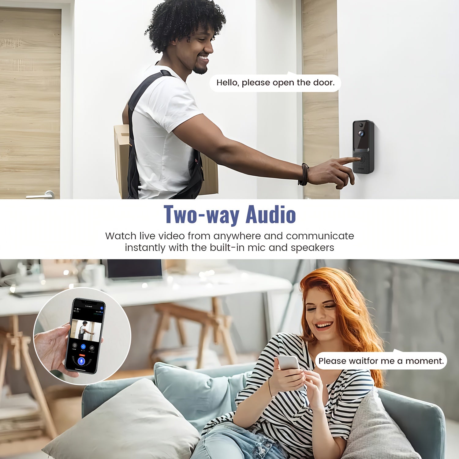 2pcs/ Smart Video Doorbell, Two-Way Voice, Real-Time Viewing, 2.4G/5G WIFI Wireless Connection, 720P Color Night Vision, AI Vehicle And Person Detection, 166° Full View Screen, 1pc Multi-Combination, No Wiring Required