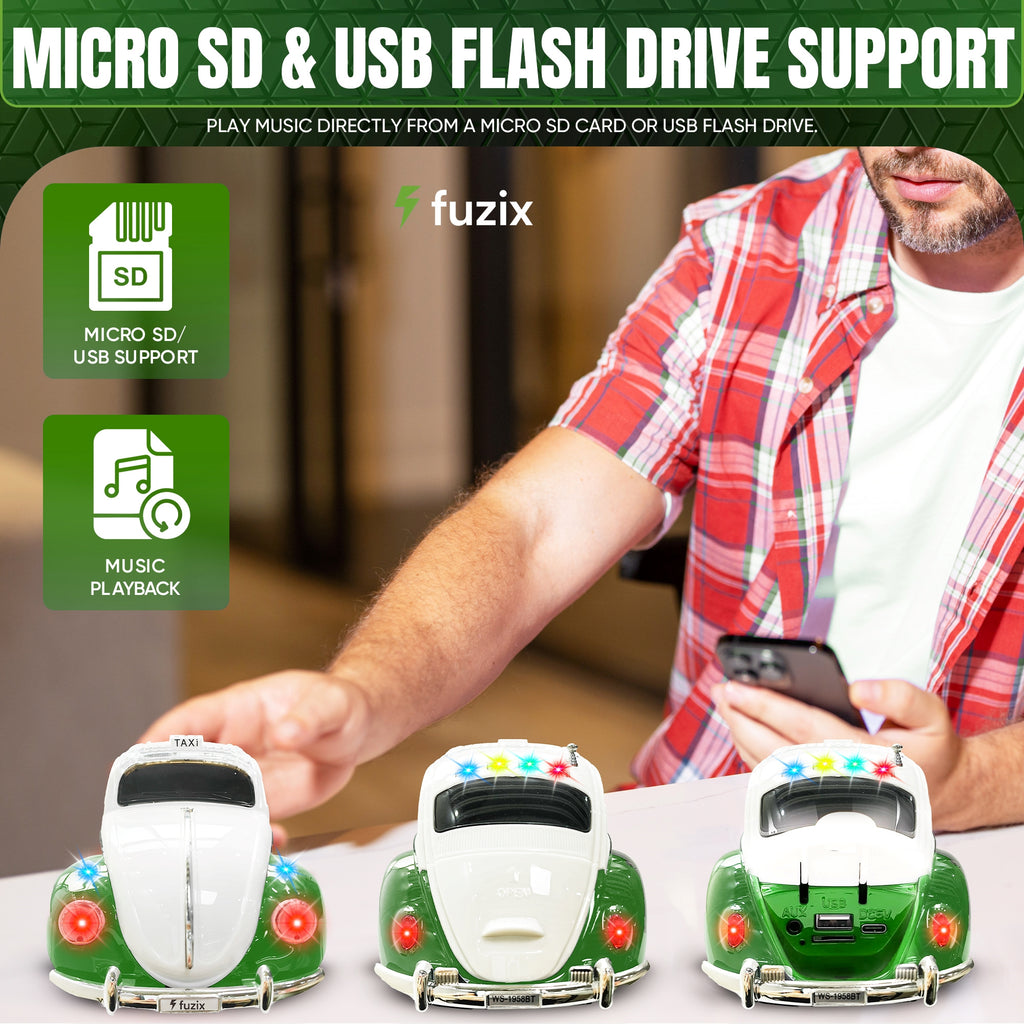 Fuzix WS-1958 Car Bluetooth Portable Speaker, Retro Car-Style Wireless Stereo Speaker with LED Headlights and Taillights, AUX/USB/TF/FM Radio Support, Rechargeable Battery, Clear and Powerful Sound Quality, Multiple Playback Modes, High-Quality Festival G