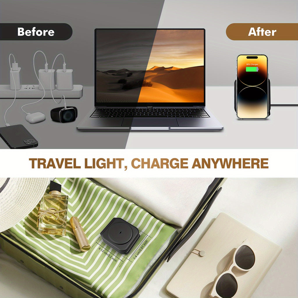 3-In-1 Magnetic Wireless Charger, Foldable Wireless Charging Station, Fast Charging Stand, Travel Charger Stand for Iphone 17/17 Air/16/15/14/13/12/Pro/Pro Max/Plus, for Iwatch 2-11 SE Ultra Series, for Airpods 2 3 Pro