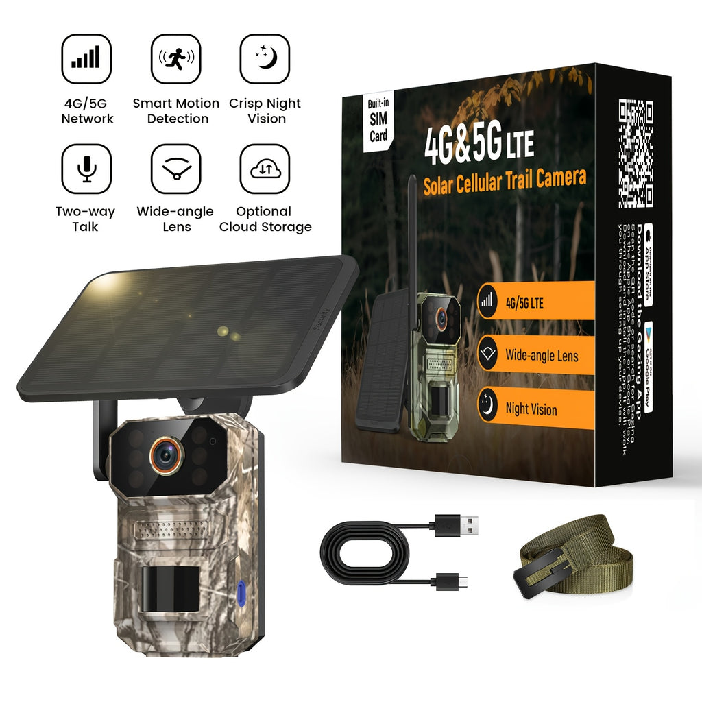 4G/5G LTE Cellular Trail Camera, Trail Camerawithsolar Panels, 1920P Wildlife Monitoring Camera with PIR Motion Sensor, Infrared Night Vision, Two-way Voice, Remote Access, No WiFi Required IP65 (replaceable Within 2 Years)