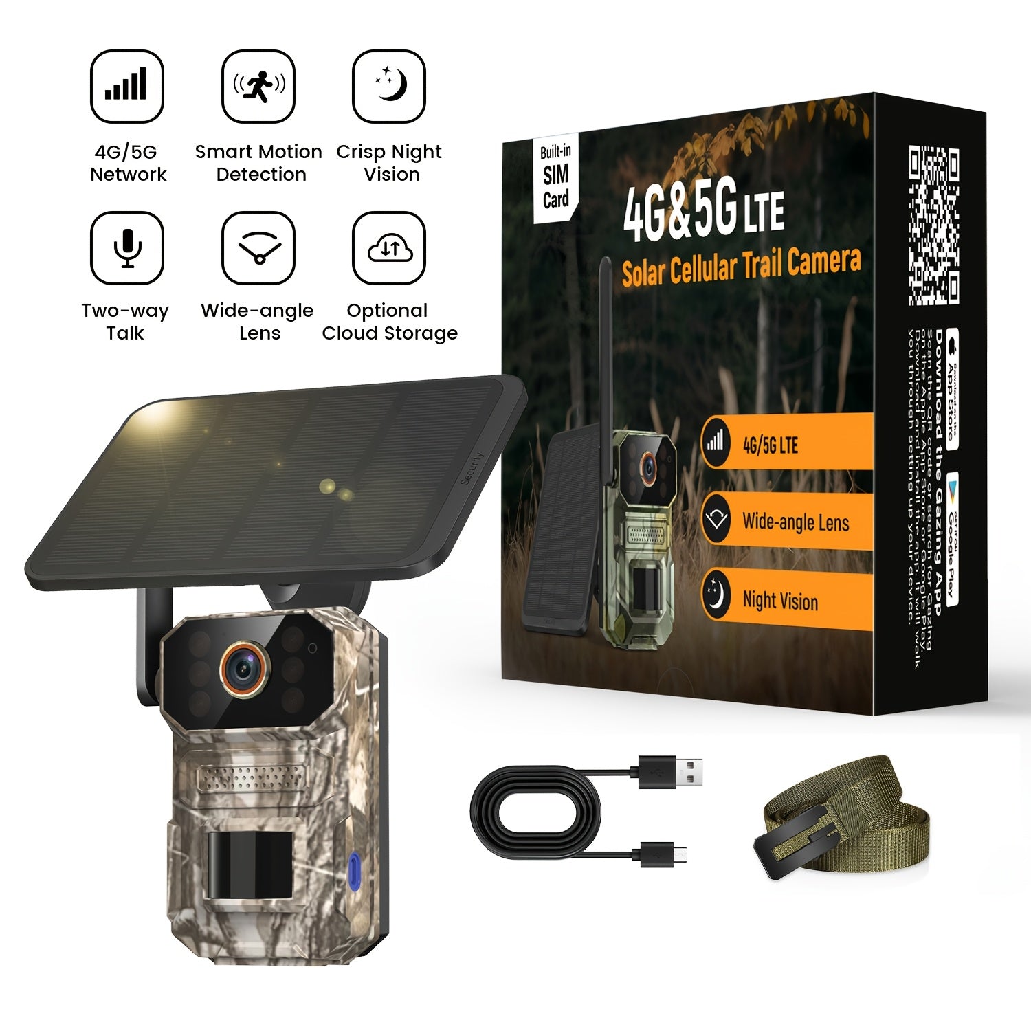 4G/5G LTE Cellular Trail Camera, Trail Camerawithsolar Panels, 1920P Wildlife Monitoring Camera with PIR Motion Sensor, Infrared Night Vision, Two-way Voice, Remote Access, No WiFi Required IP65 (replaceable Within 2 Years)