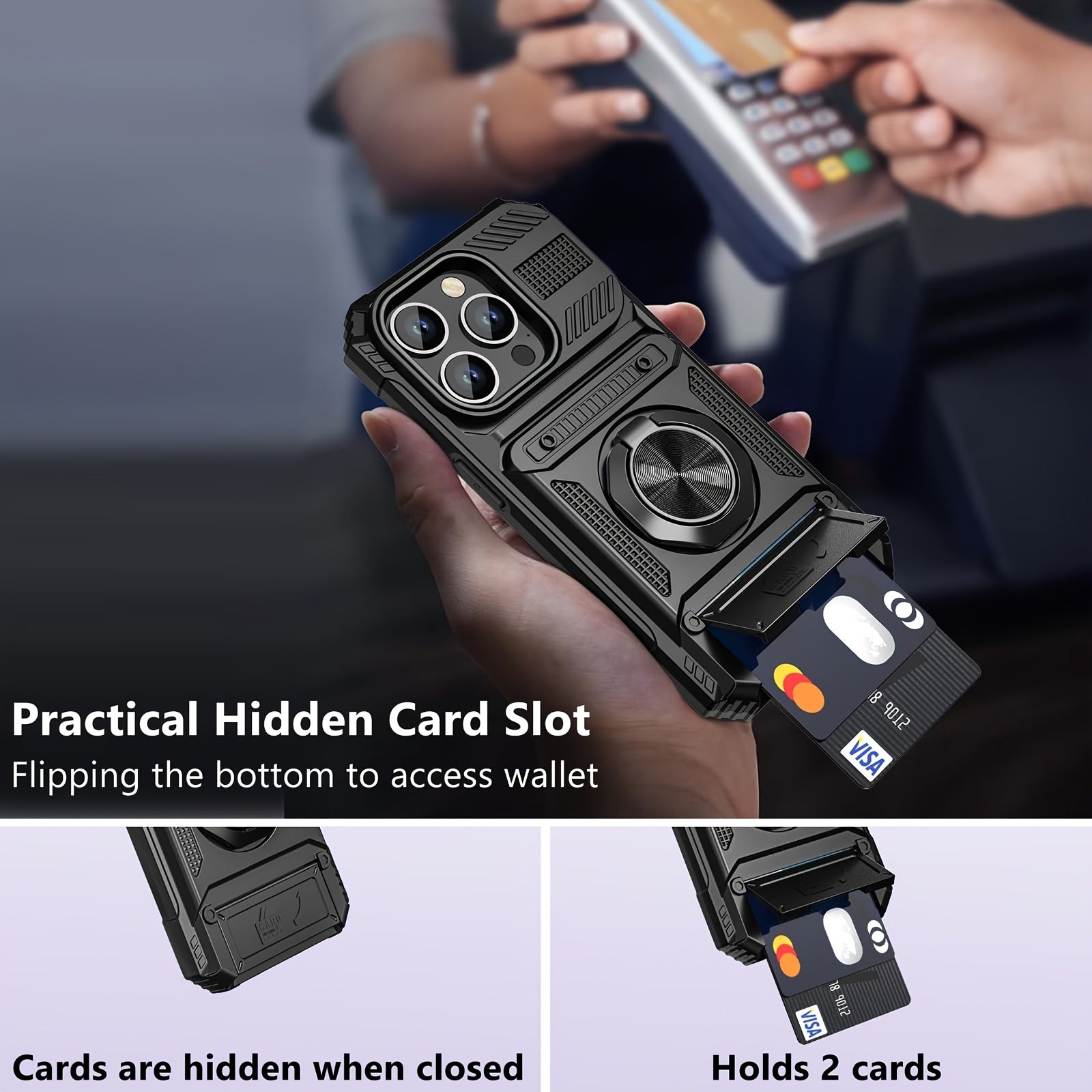 Phone Case: for iPhone 16 15 14 13 11 Pro Max 14 15 16Plus 7 8Plus Series Heavy Duty Shockproof 360° Rotating Metal Stand Mobile Phone Hard Shell with Dual Card Slot Design
