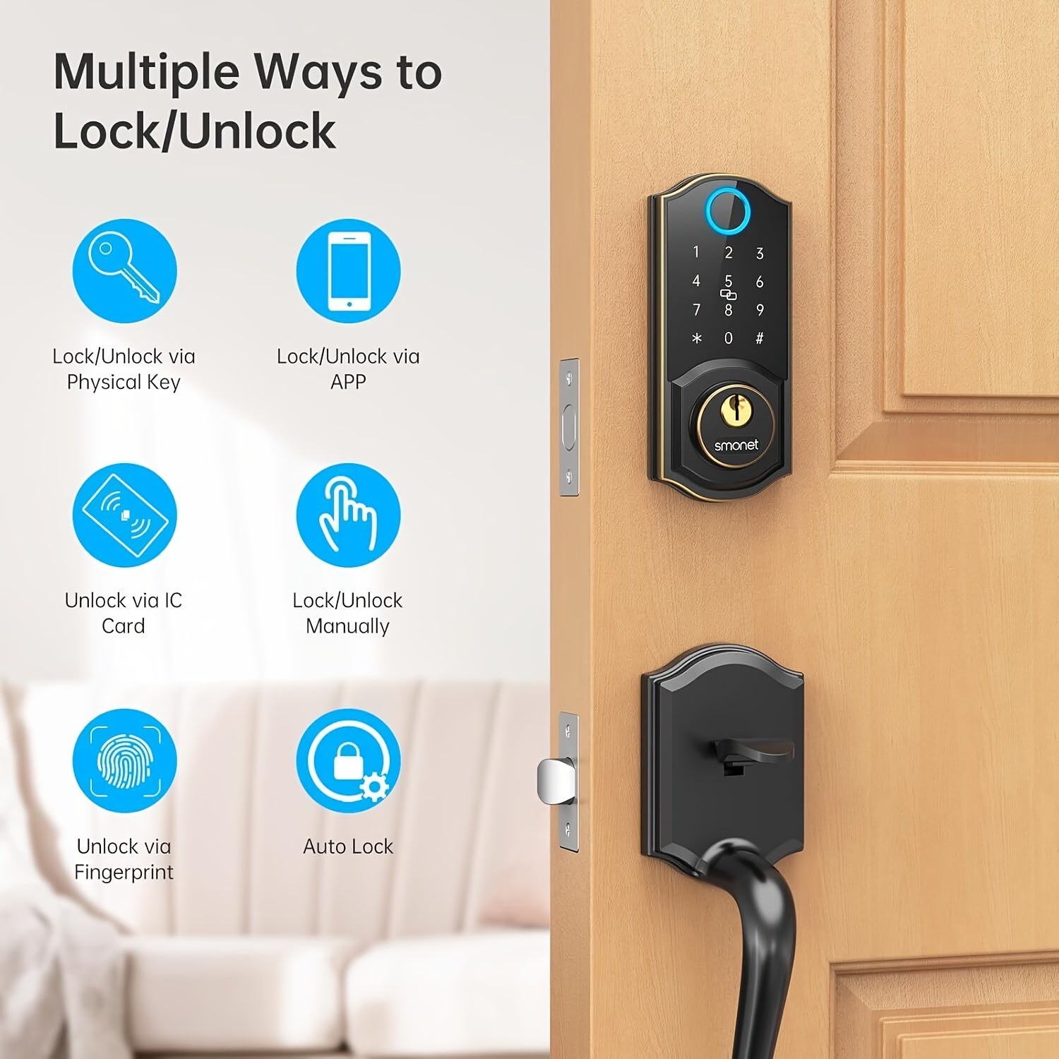 SMONET Smart Front Door Lock Set Keyless Entry Door Lock with Handle Fingerprint Smart Deadbolt Bluetooth Electronic Digital Keypad Lock Phone APP Auto Lock for Home Office Airbnb Hotel