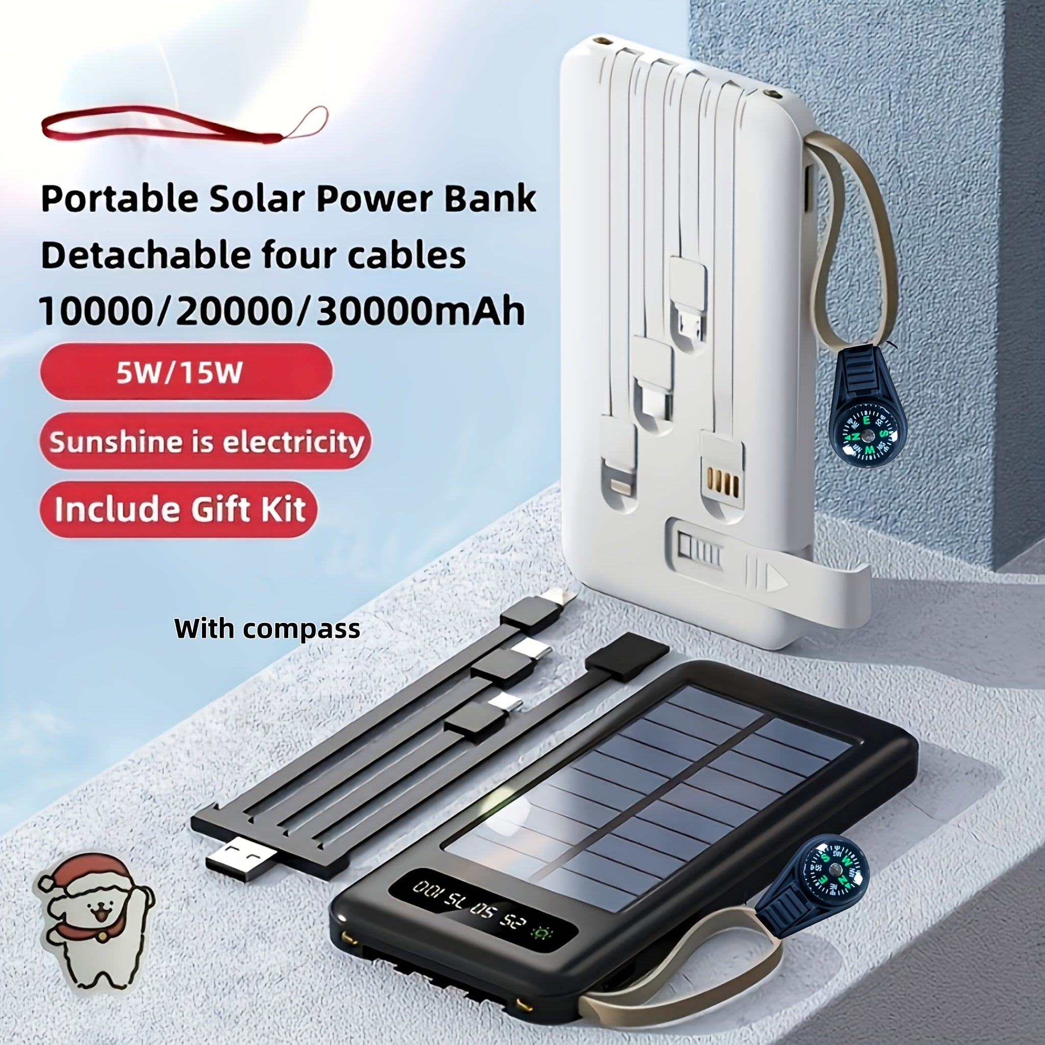 10000/20000/30000mAh 5W Slow Charging/15W Fast Charging Multifunctional Solar Power Bank With Ultra-bright LED Light, Large Capacity Rechargeable Portable Mobile Phone Charger Built-in 4 Cables Digital Display Dual Usb Port USB-C Input