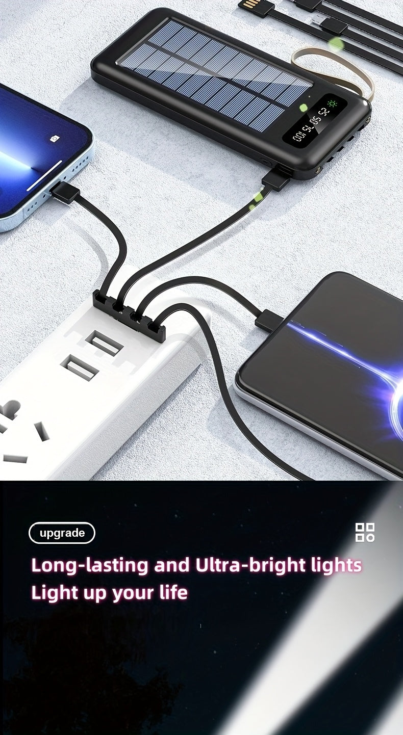 10000/20000/30000mAh 5W Slow Charging/15W Fast Charging Multifunctional Solar Power Bank With Ultra-bright LED Light, Large Capacity Rechargeable Portable Mobile Phone Charger Built-in 4 Cables Digital Display Dual Usb Port USB-C Input