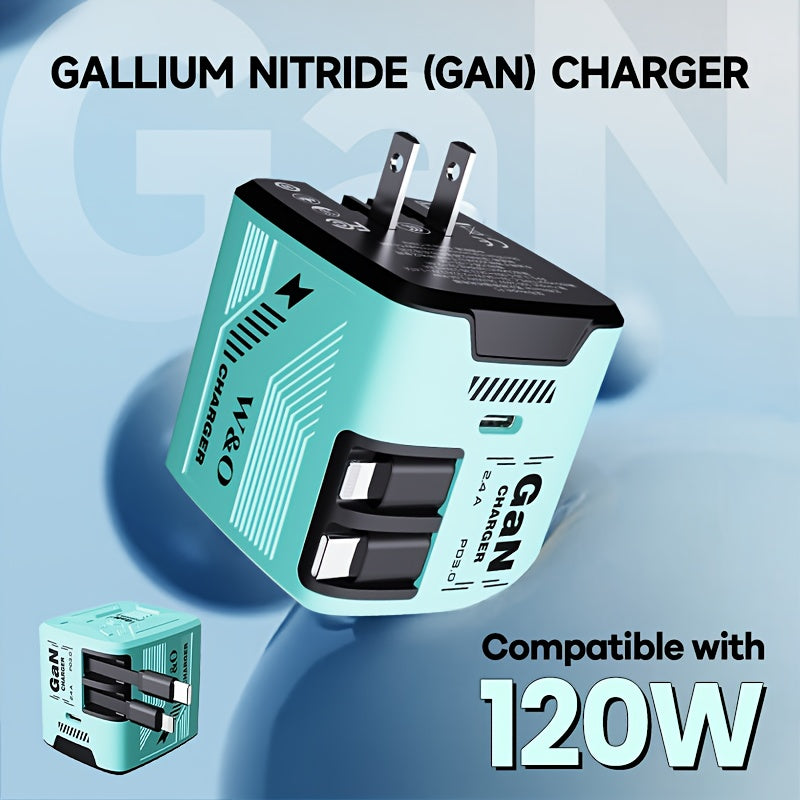 [Christmas Gift] Portable 66W/120W Gan Fast Charger With Retractable Cable And Foldable Plug, With Portable Retractable Charging Plug, Travel Adapter For Iphone 17/16/Pro/Pro Max/15/14, For Galaxy/Ultra Series - Green/Yellow/Black - Christmas Gift