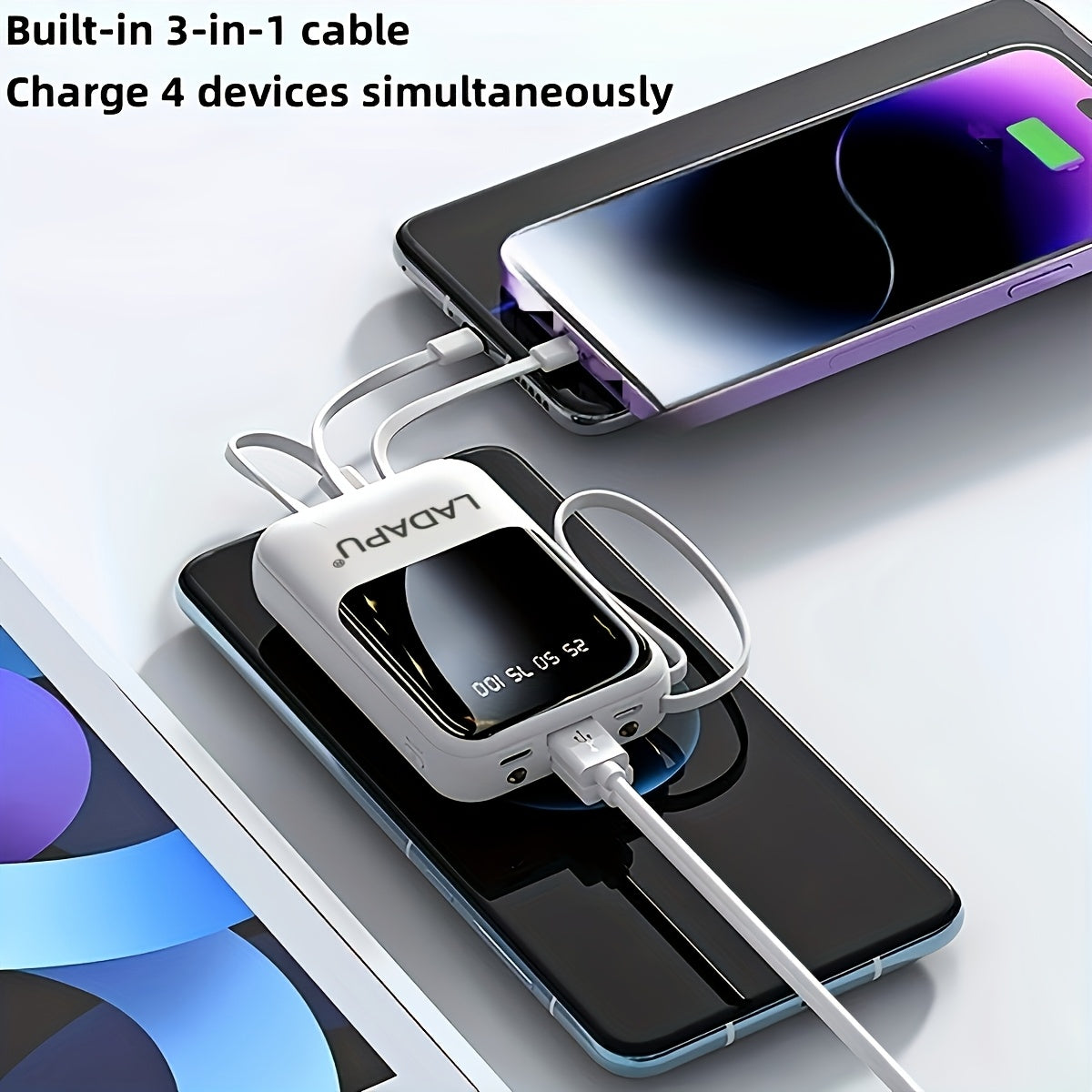 10000Mah Mini Cute 5W Slow Charging/15W Fast Charging/22.5W Super Fast Charging Multifunctional Power Bank, Rechargeable Portable Mobile Phone Charger, Built-In 4 Cables, Ultra-Bright LED Lights Outdoor Travel Battery Packs Smart Digital Display