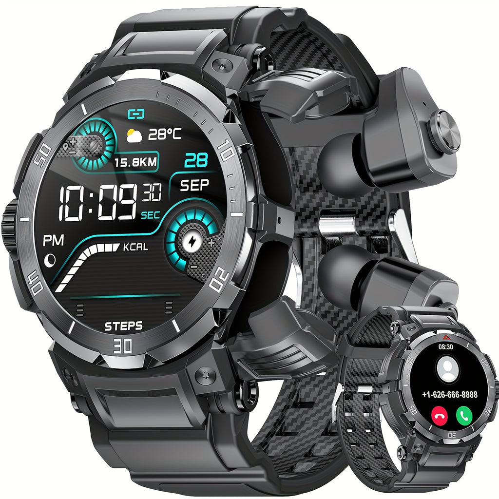 Outdoor Smart Watch Built-in Earphones Weather Calorie Counter Fitness Tracker with 100+ Sports Modes 1.46 Inch IPS Touch Screen Alarm Reminder Remote Control Smart Watch for iPhone/Android Phones