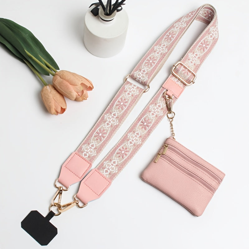 Clip And Go Strap Phone Strap with Pouch, Adjustable Phone Strap Crossbody, Detachable Wrist Strap with Wallet,, with Beaded Phone Charm Lanyard