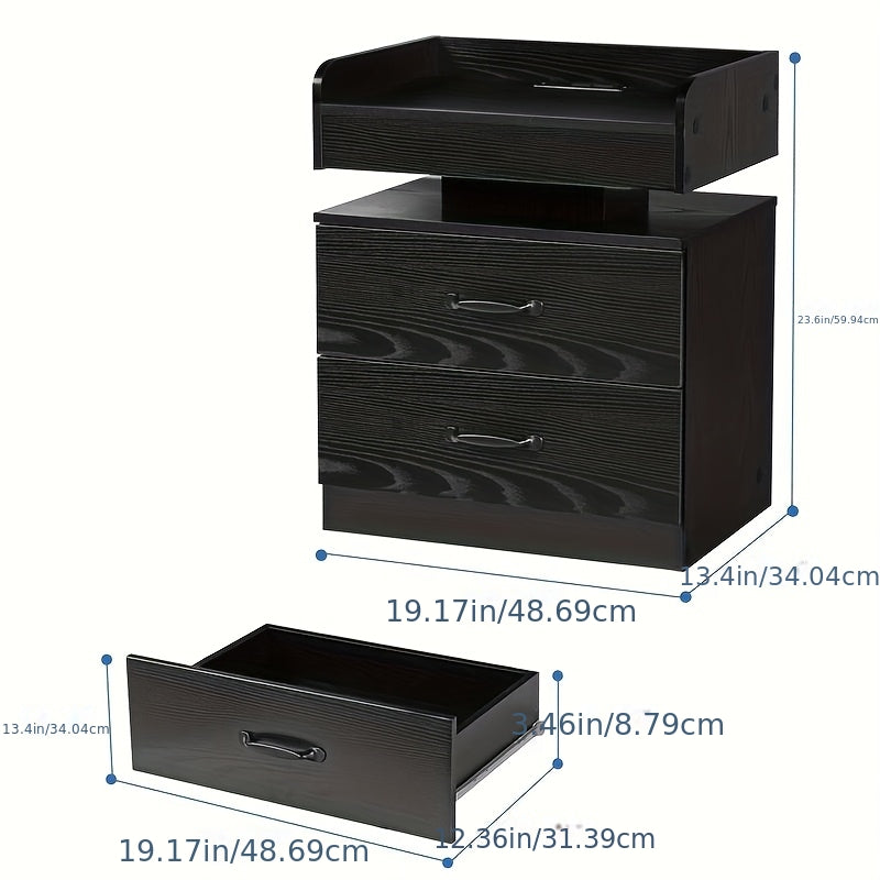 Modern LED Bedside Table with Charging Station, Wooden Bedside Table with Fabric Drawers And Blue LED Lighting, Stylish Bedroom Or Living Room End Table, Ambient Lighting Furniture with Fashionable Design And Multifunctional Drawer Design Gifts.