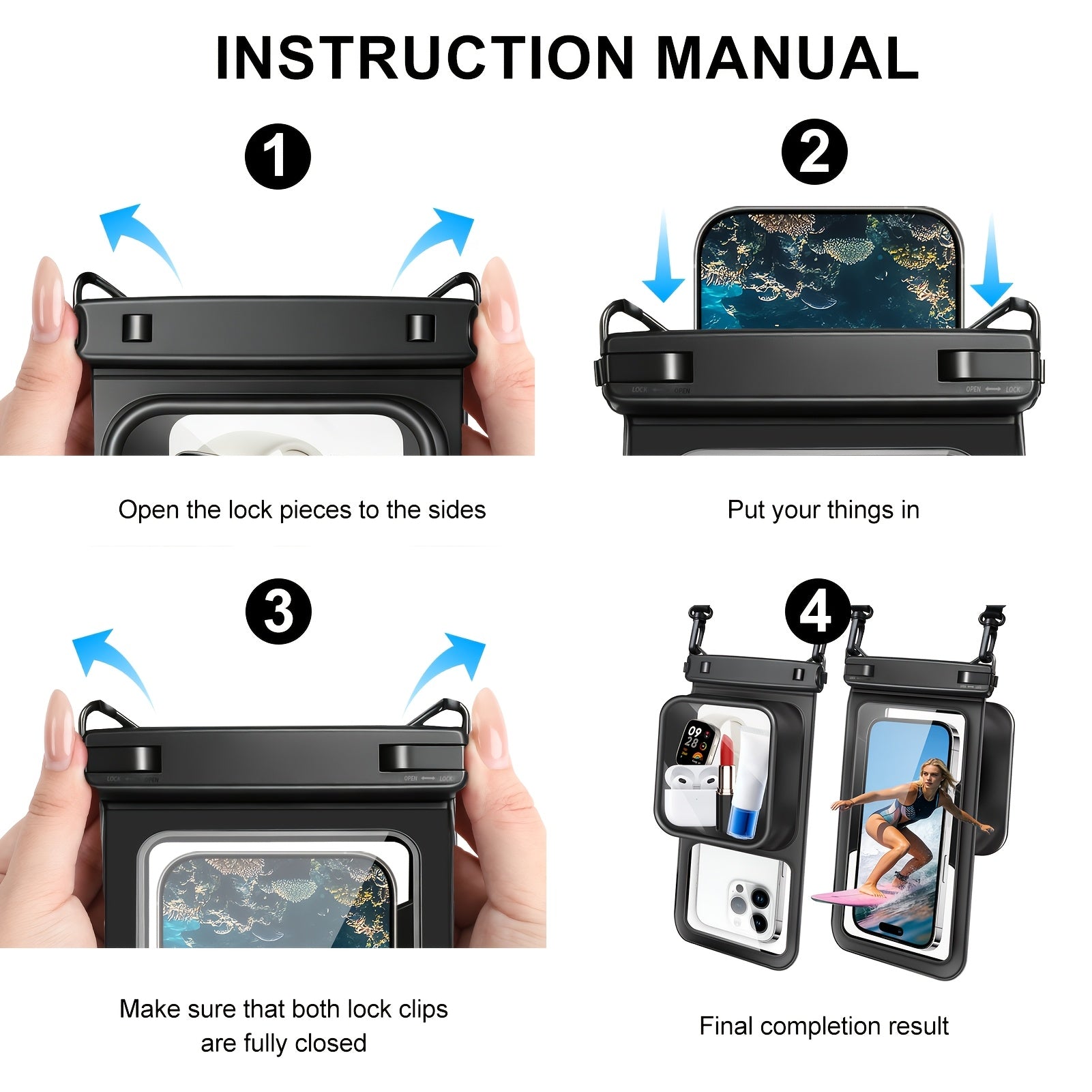 Rynapac 2pcs Floating Phone Pouch - 7.5 Inch Dual Compartment Clear Shockproof And Sandproof for Iphone 16 15 14 13 12 Pro Max, a Must-Have for Swimming, Rafting, Kayaking