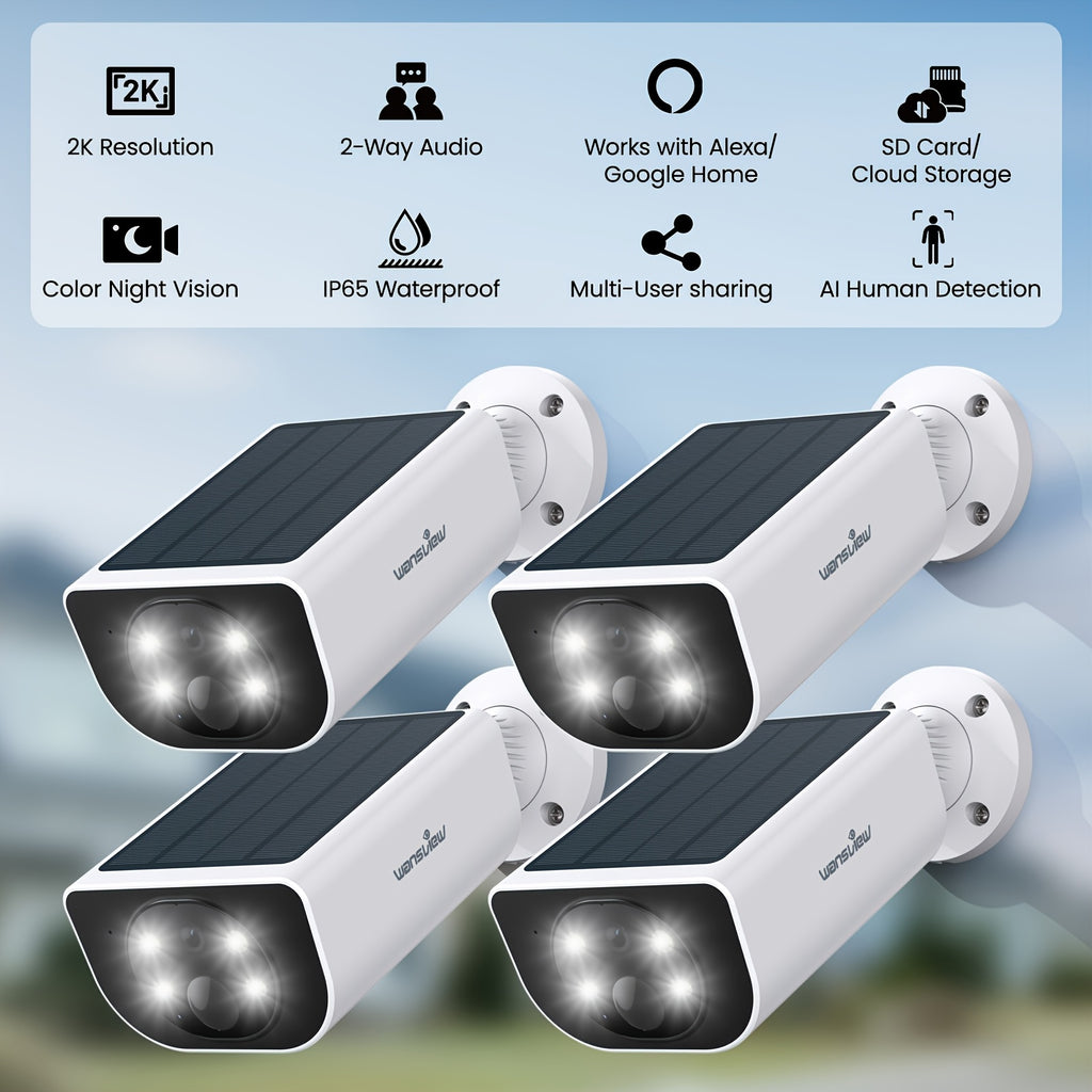 Wansview Solar Security Camera Outdoor, Wireless Security Camera, 2K HD Resolution, Color Night Vision, Two-Way-Audio, Motion Detection, SD Card/Cloud Storage, Compatible with Alexa/Google Home, 1/2/3/4 Solar Cam & 1pc Battery Camera