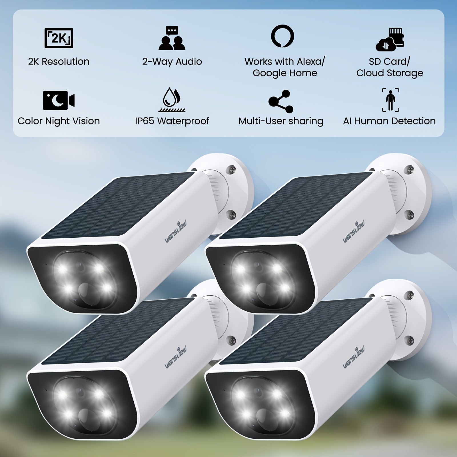 Wansview Solar Security Camera Outdoor, Wireless Security Camera, 2K HD Resolution, Color Night Vision, Two-Way-Audio, Motion Detection, SD Card/Cloud Storage, Compatible with Alexa/Google Home, 1/2/3/4 Solar Cam & 1pc Battery Camera