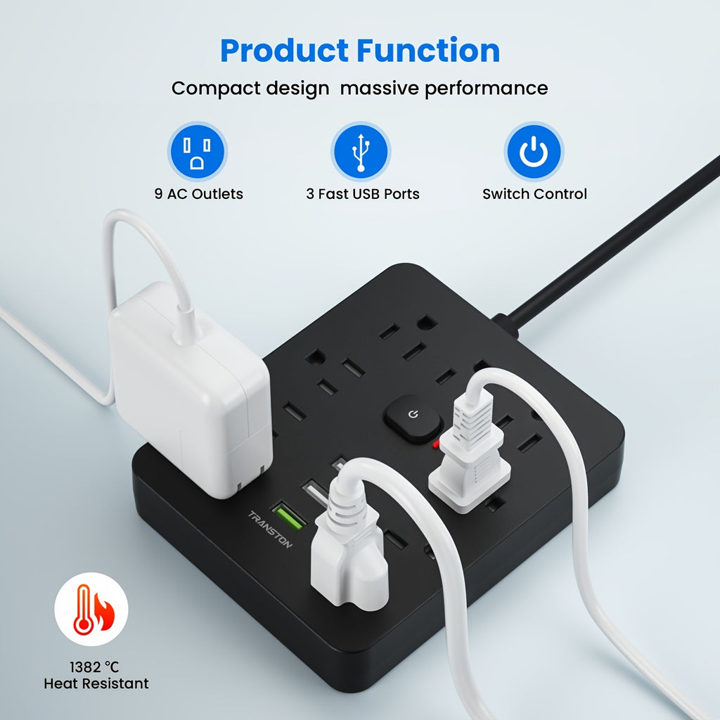 Power Strip Surge Protector with 9 Ac Outlets, 3 USB -10ft Cable, 45° Tilt Plug, Advanced Protection for Home, Office & High-Power Devices