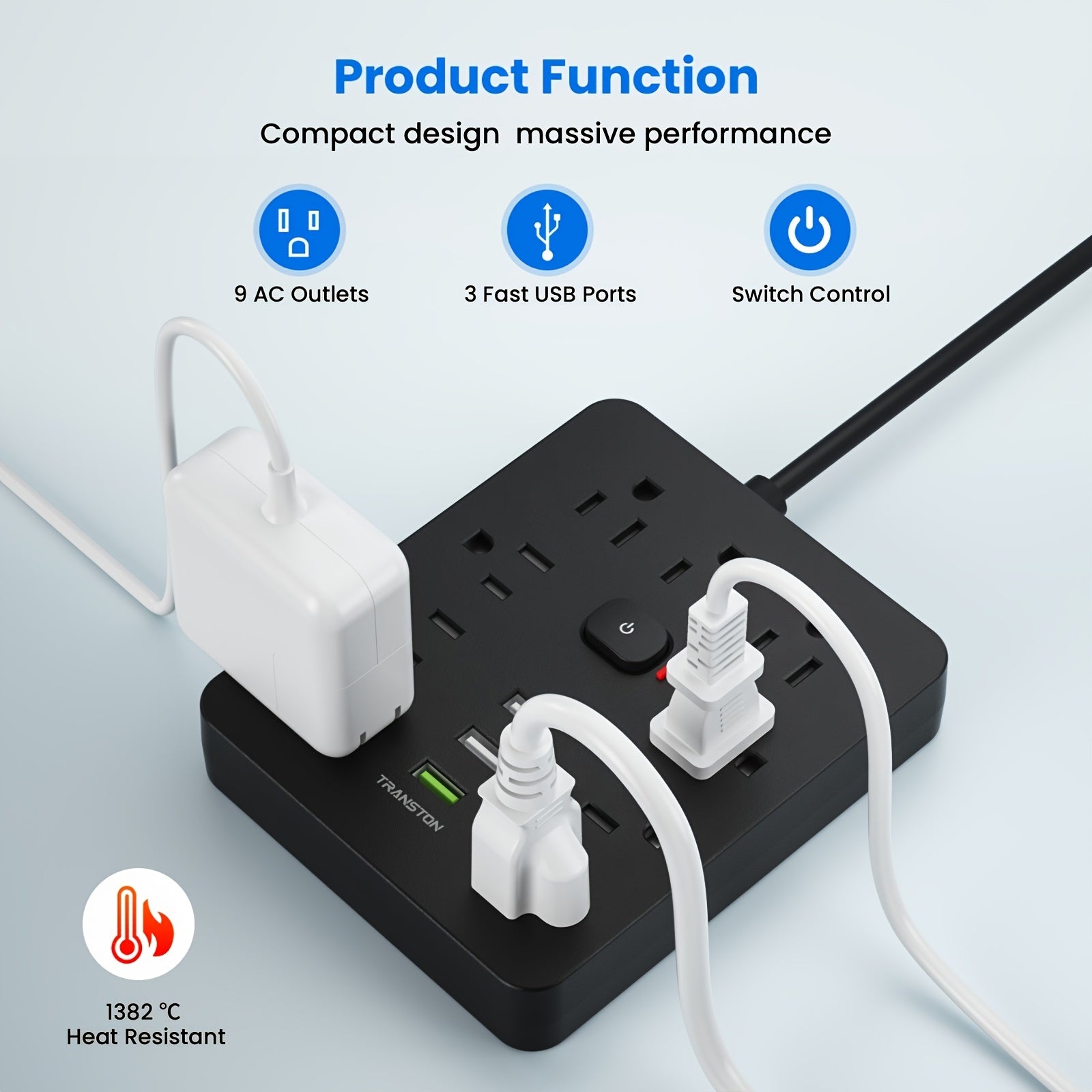 Power Strip Surge Protector with 9 Ac Outlets, 3 USB -10ft Cable, 45° Tilt Plug, Advanced Protection for Home, Office & High-Power Devices