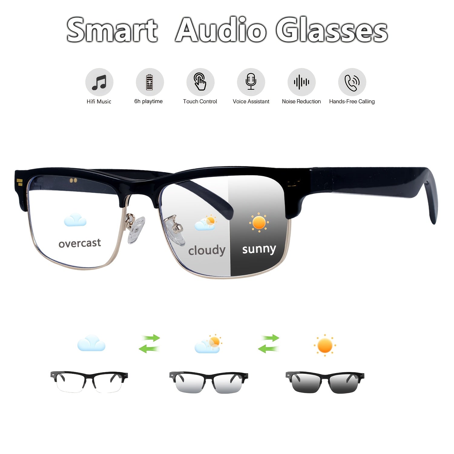 New Smart Glasses with Auto-tinting Lenses That Automatically Transform into Fashion Glasses in Sunlight. Built-in Microphone and Speaker for HD Voice Calls and HiFi Music Quality. Smart Audio Glasses, Ideal for Sports, Driving, Fishing, and Daily