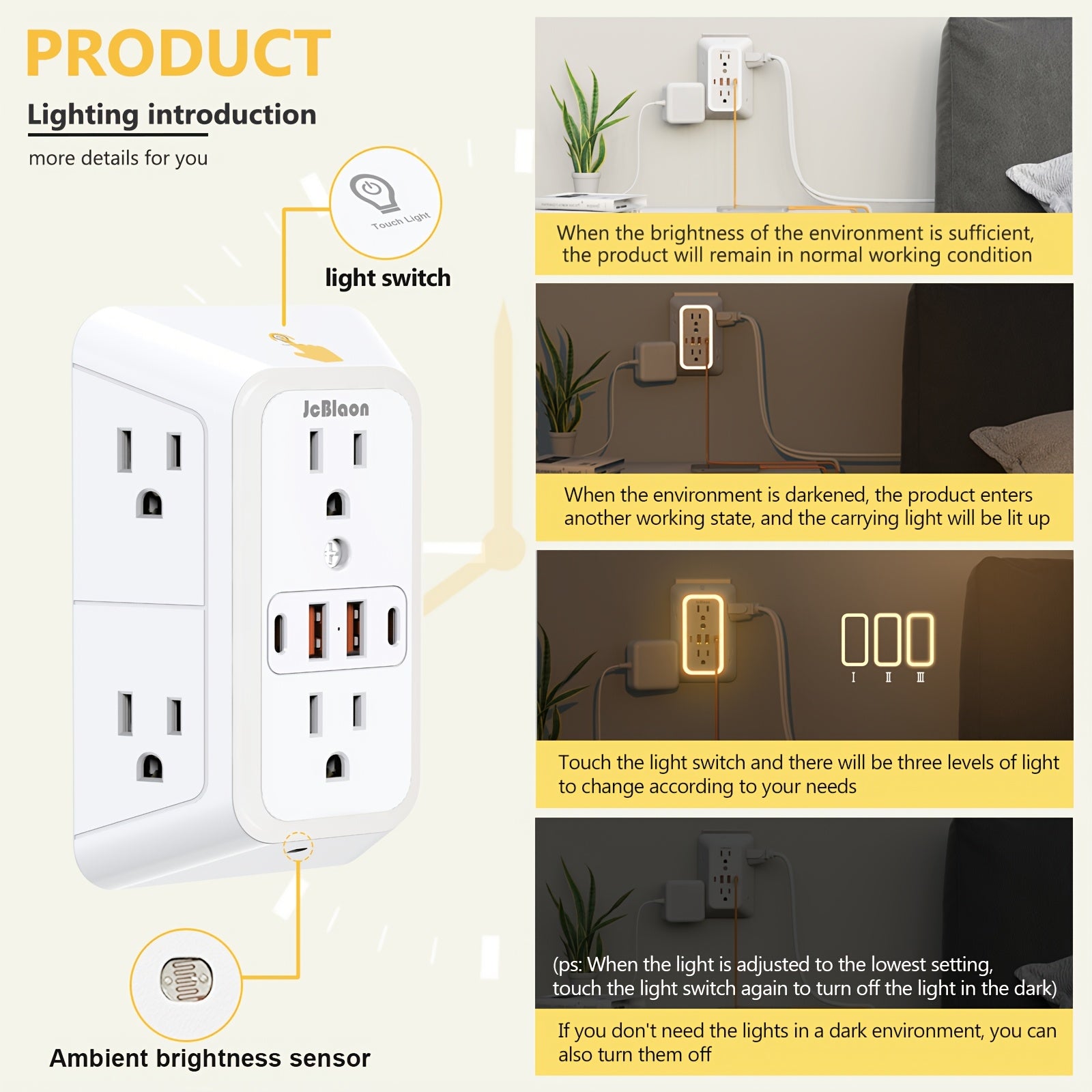 10-in-1 USB Wall Charger, Multi-Plug Wall Outlet Surge Protector, 6-Outlet AC Extender with 4 USB Charging Ports, 3-Sided 1050J Power Strip Multi-Plug Adapter for Home, Travel, Office (2A/2C), Total USB Output: 5V/3.1A, Multi-Plug Outlet for College