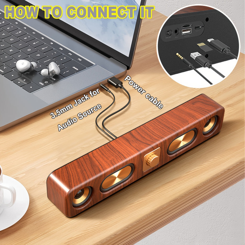 Retro Wood Color Bluetooth Speakers with Dual 2in Woofersm, 2 X 5W Wireless Sound Bar Speaker for Desktop, PC, Laptop, Tablet & Smartphone, Hands Free Call