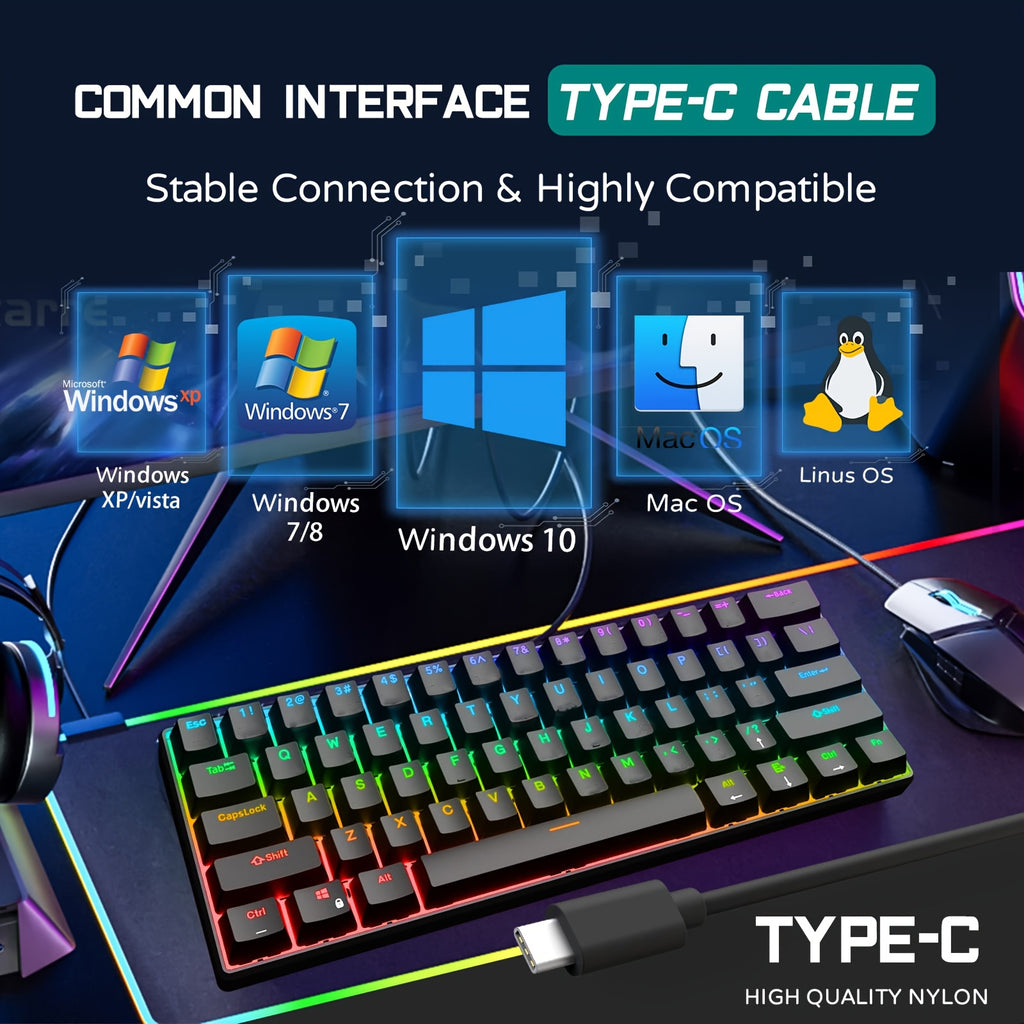 Wired 60% Mechanical Gaming Keyboard RGB Backlit 61 Keys Ultra-Compact Blue Switch