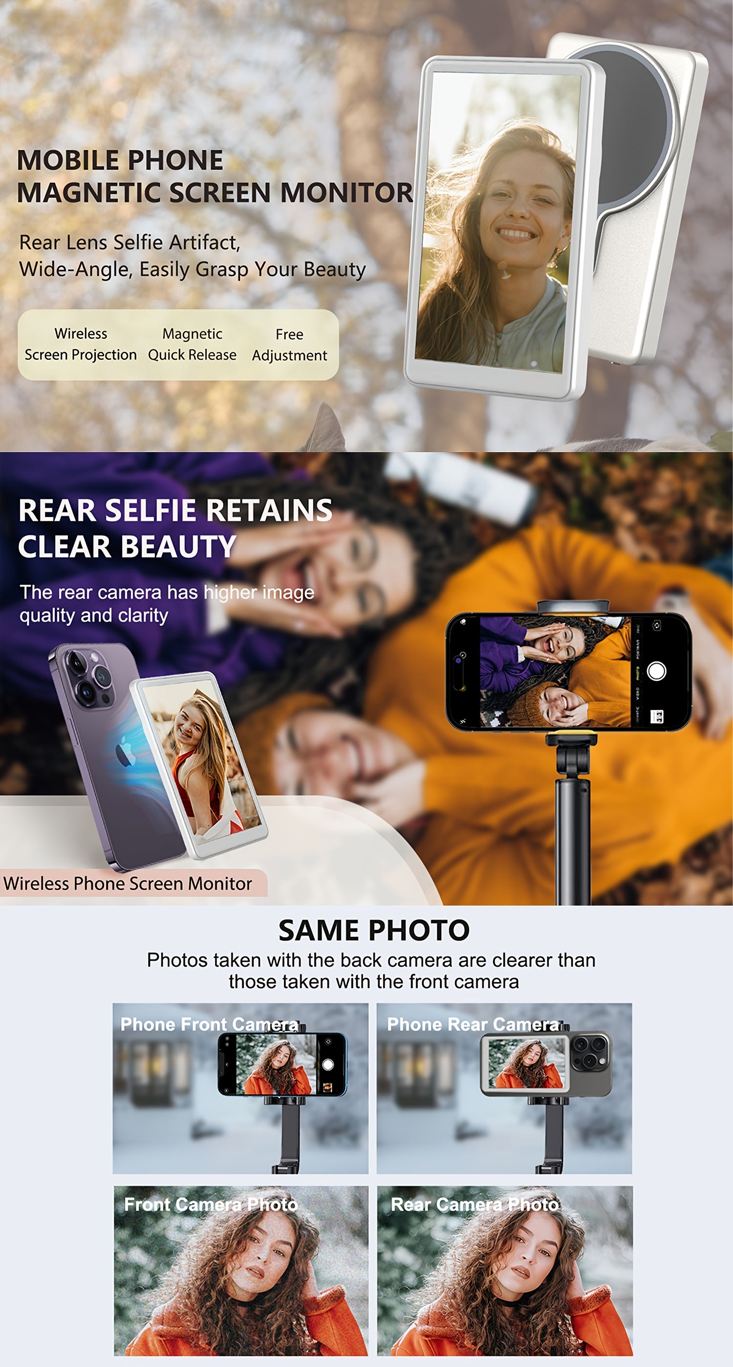 Wireless Selfie Monitor Screen for Iphone And Android, 2000/2500Mah with Wireless Remote, 3-Level Brightness And Wide Screen Mode, Using Phone Rear Camera for Selfie Vlog No Delay Live Stream for Tiktok White