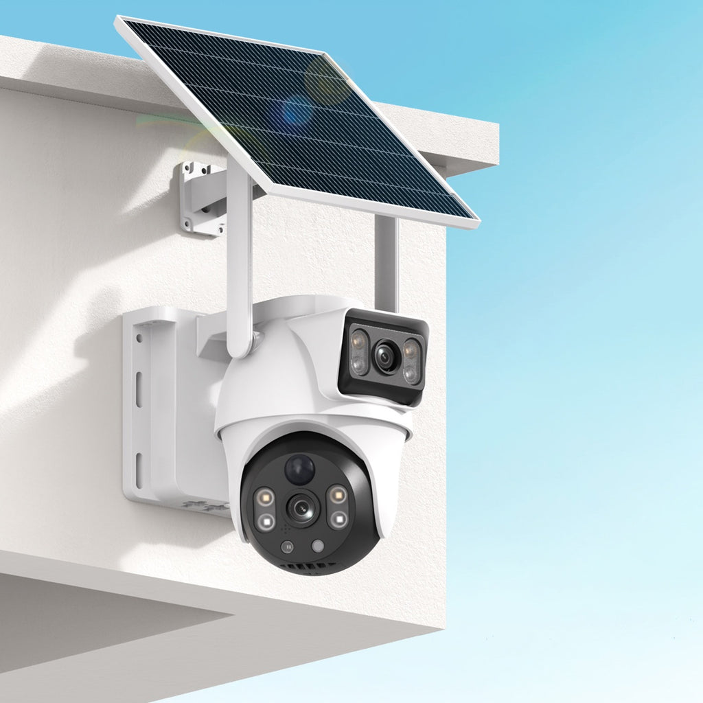 4K Dual Lens Solar Security Camera Wireless Outdoor, 360° PTZ 2.4G Wifi Camera, Low-Power Solar Panel, PIR Motion Detection, Spotlight Alarm, Color Night Vision, Two-Way Audio for Home & Farm Monitoring