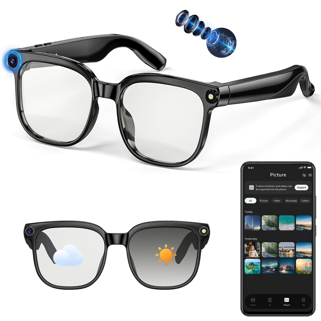 Smart Camera Glasses, 8MP HD Video Recording Glasses (with Audio Function), Wireless Camera With Photochromic Lenses, Real-time Translation, Voice Assistant, Object Recognition, Hands-free Music And Calls.