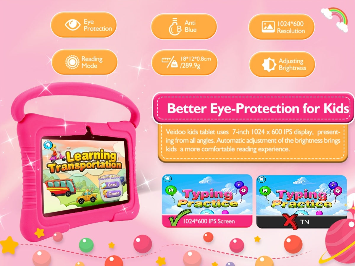 [Kids | Tablet] Veidoo 7 inch Kids Tablet | 2GB RAM+32GB ROM, Security Eye Screen, WiFi, Dual Camera, Educational Games, Parental Control APP, Android Tablet, Tablet with Drop Proof Silicone Cover (Pink)