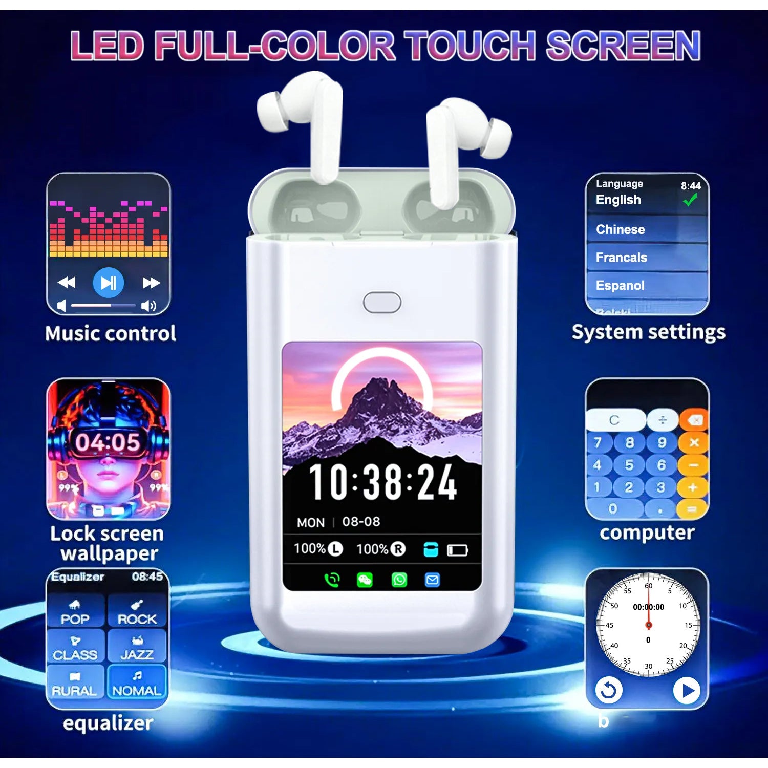 The New 3-in-1 Wireless LED Touch-screen Rechargeable Multimedia Earphones Feature HiFi Stereo Sound, Multiple EQ Sound Modes, And A Long 5000mAh Battery Life, Making Them Suitable for Travel, Outdoor Activities, And Work.