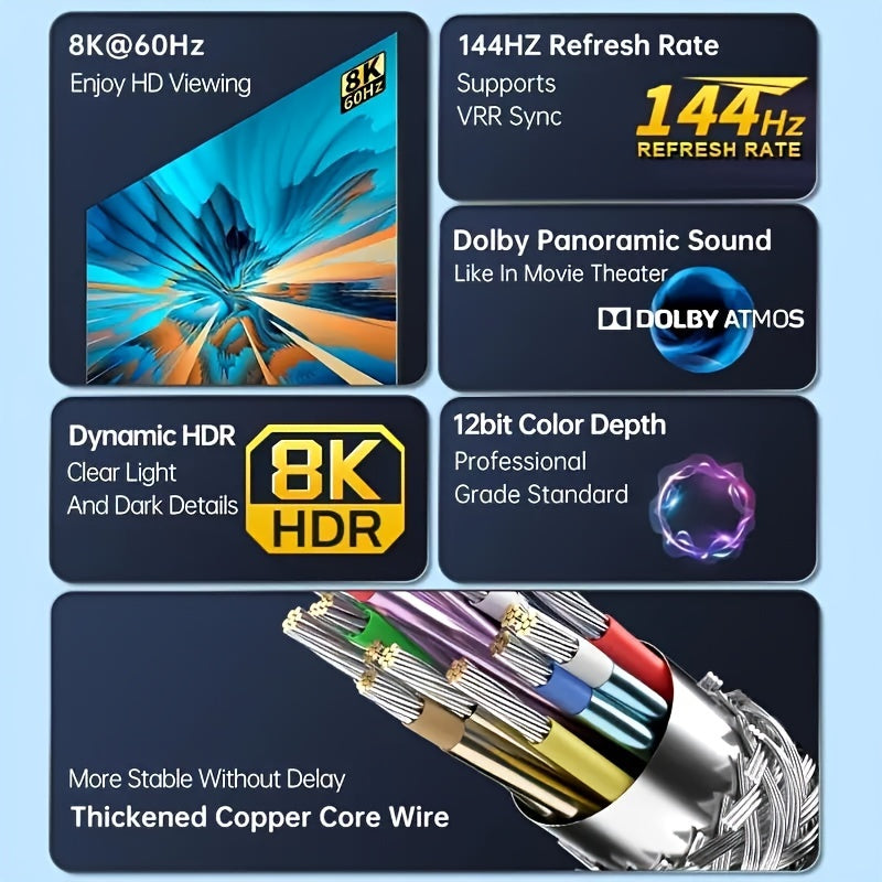 8K 10K HDTV Cable 48Gbps 3.3/6.6/10/15Ft, Ultra High Speed HDTV Cable Braided Cord-4K@120Hz 8K@60Hz, DTS:X, HDCP 2.2 & 2.3, HDR 10+ Compatible with Roku Tv/Ps5/Hdtv/Blu-Ray