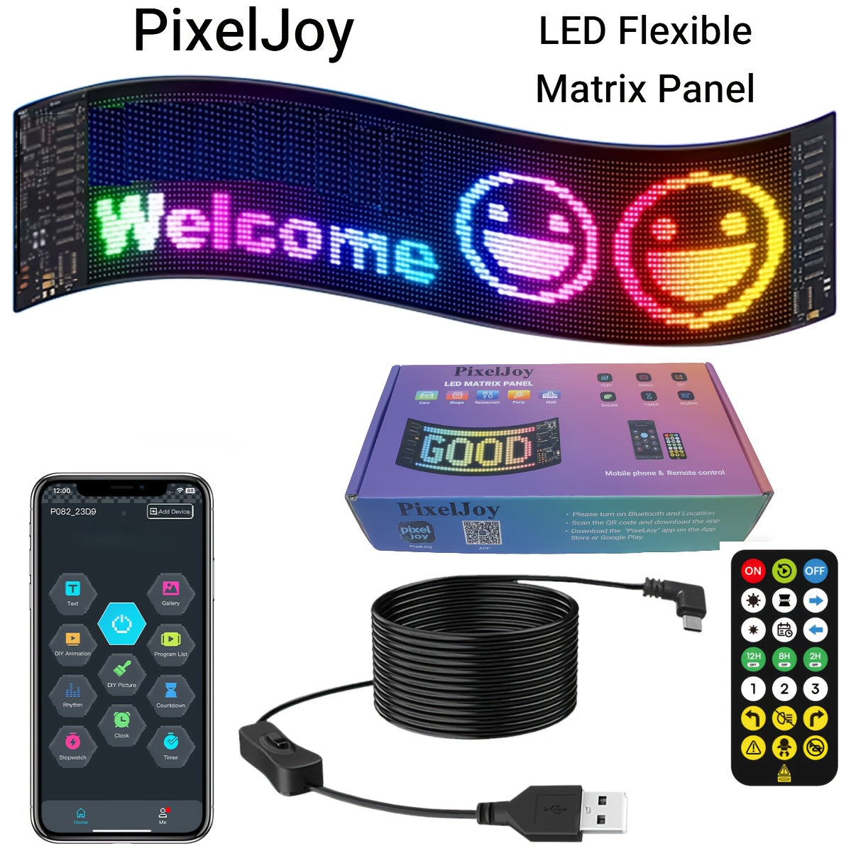 [Christmas] 1pc 16X32/16X64/16X96 LED 5V LED Fun Display, Devil's Eye Flexible LED Screen, Support Text/Picture/Gif, With App And Remote Control, Cable For Store/Car/Riding Fun Interactive Screen, Christmas Decorations